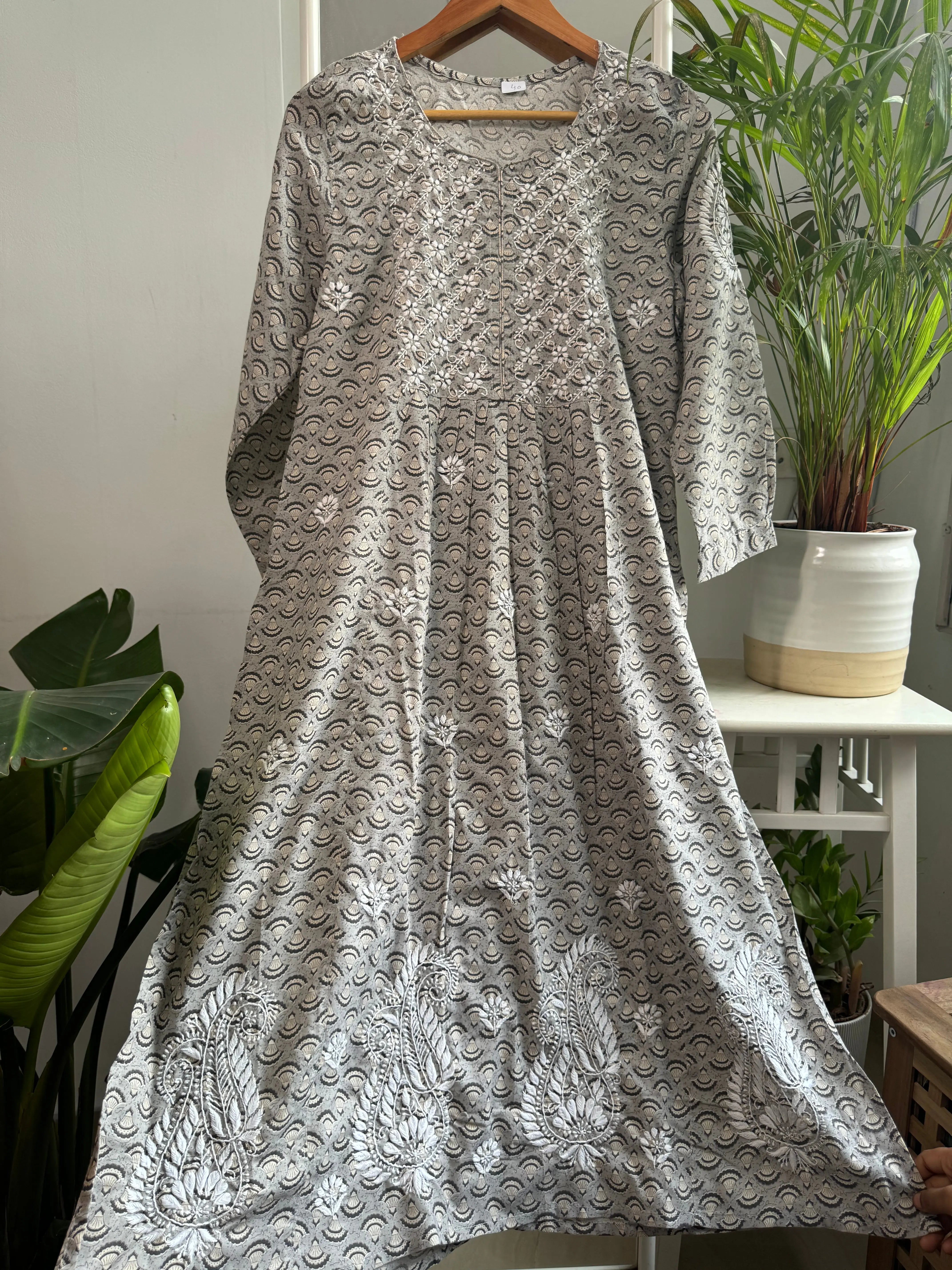 Cotton Printed Chikankari Set - Grey ARIAA CHIKANKARI