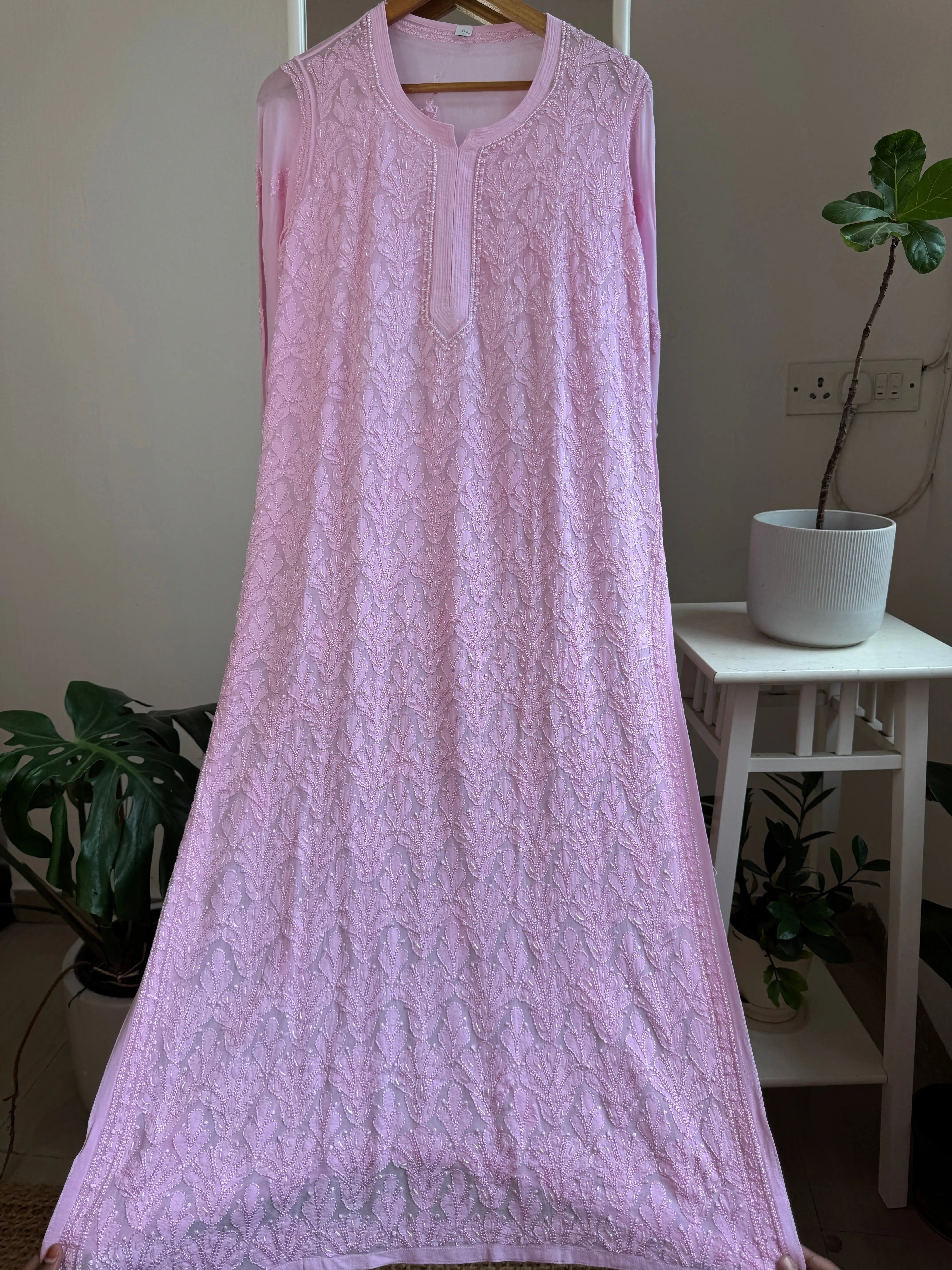 Viscose Chikankari Kurti with Pearl Add on Work - Pink ARIAA CHIKANKARI