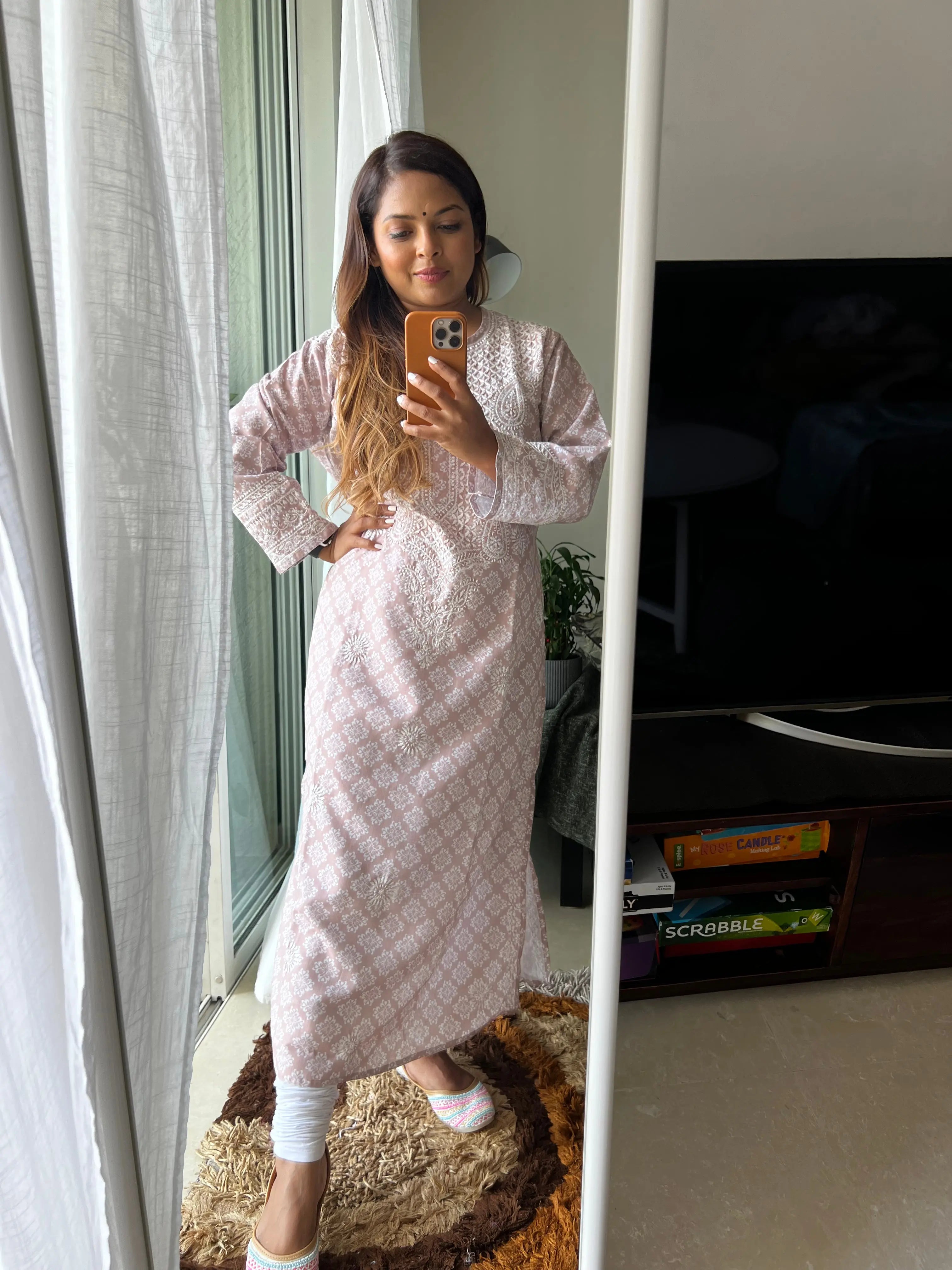 Cotton Printed Chikankari Kurti - Brown ARIAA CHIKANKARI