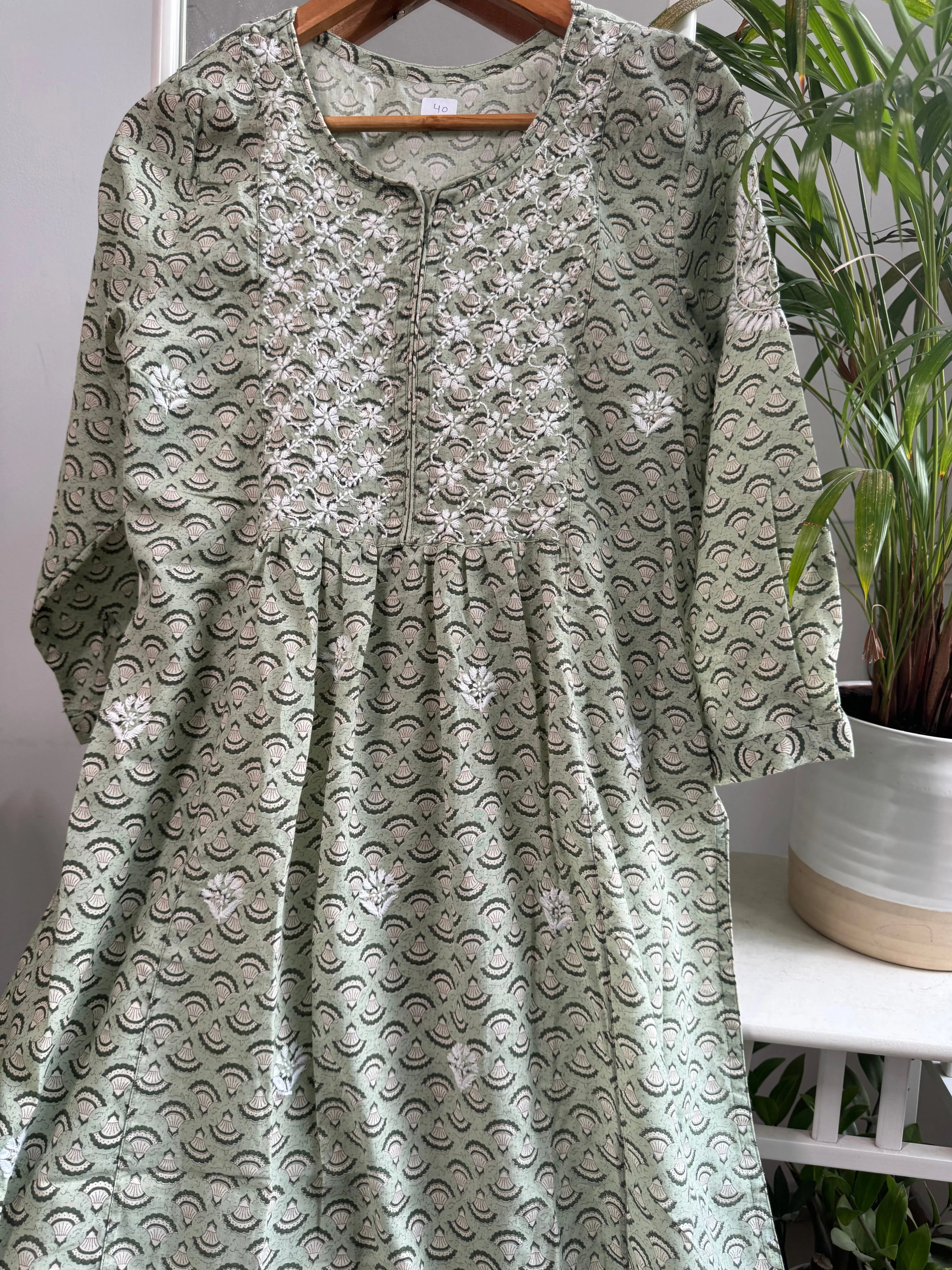Cotton Printed Chikankari Set - Green ARIAA CHIKANKARI