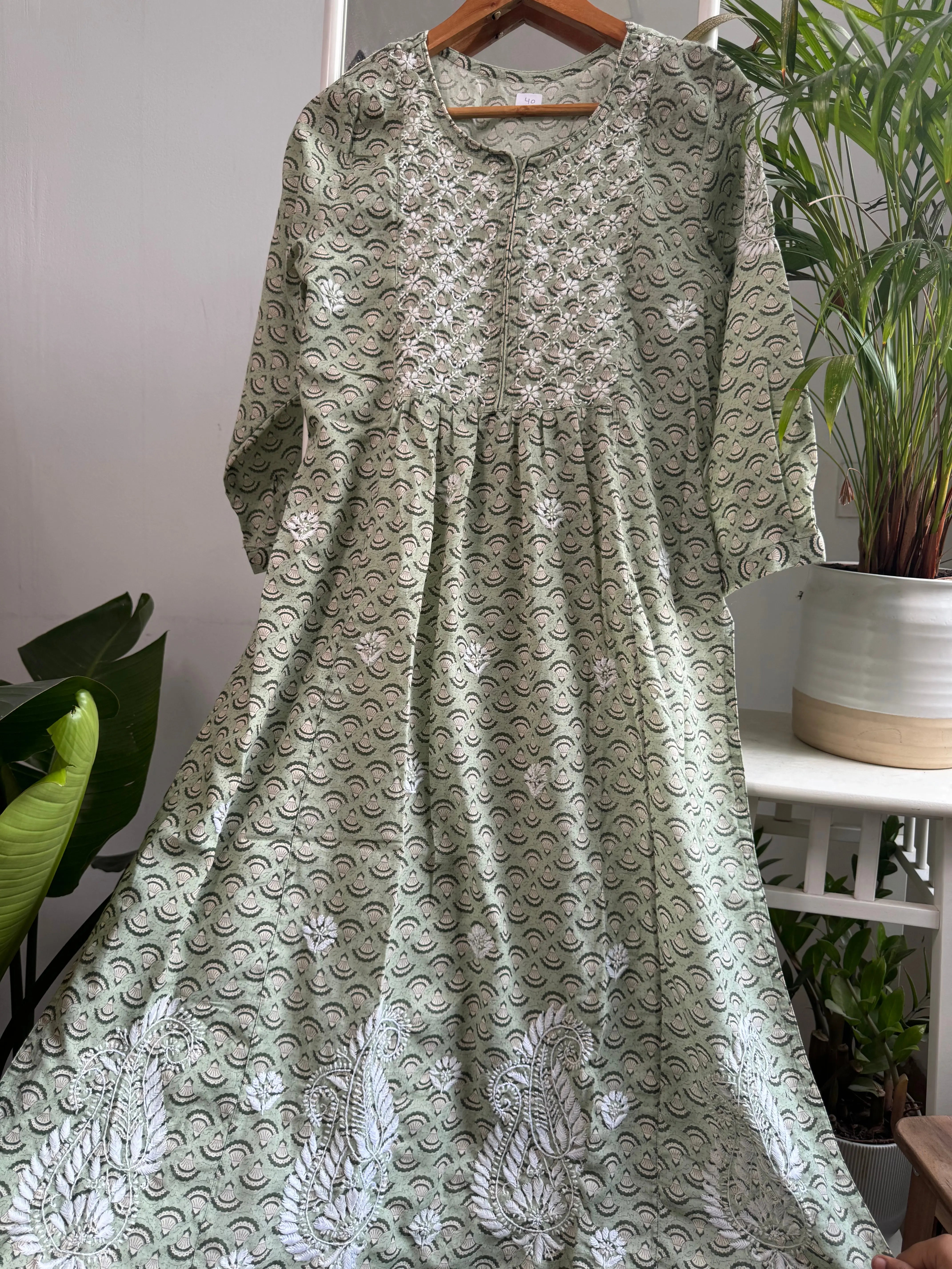 Cotton Printed Chikankari Set - Green ARIAA CHIKANKARI