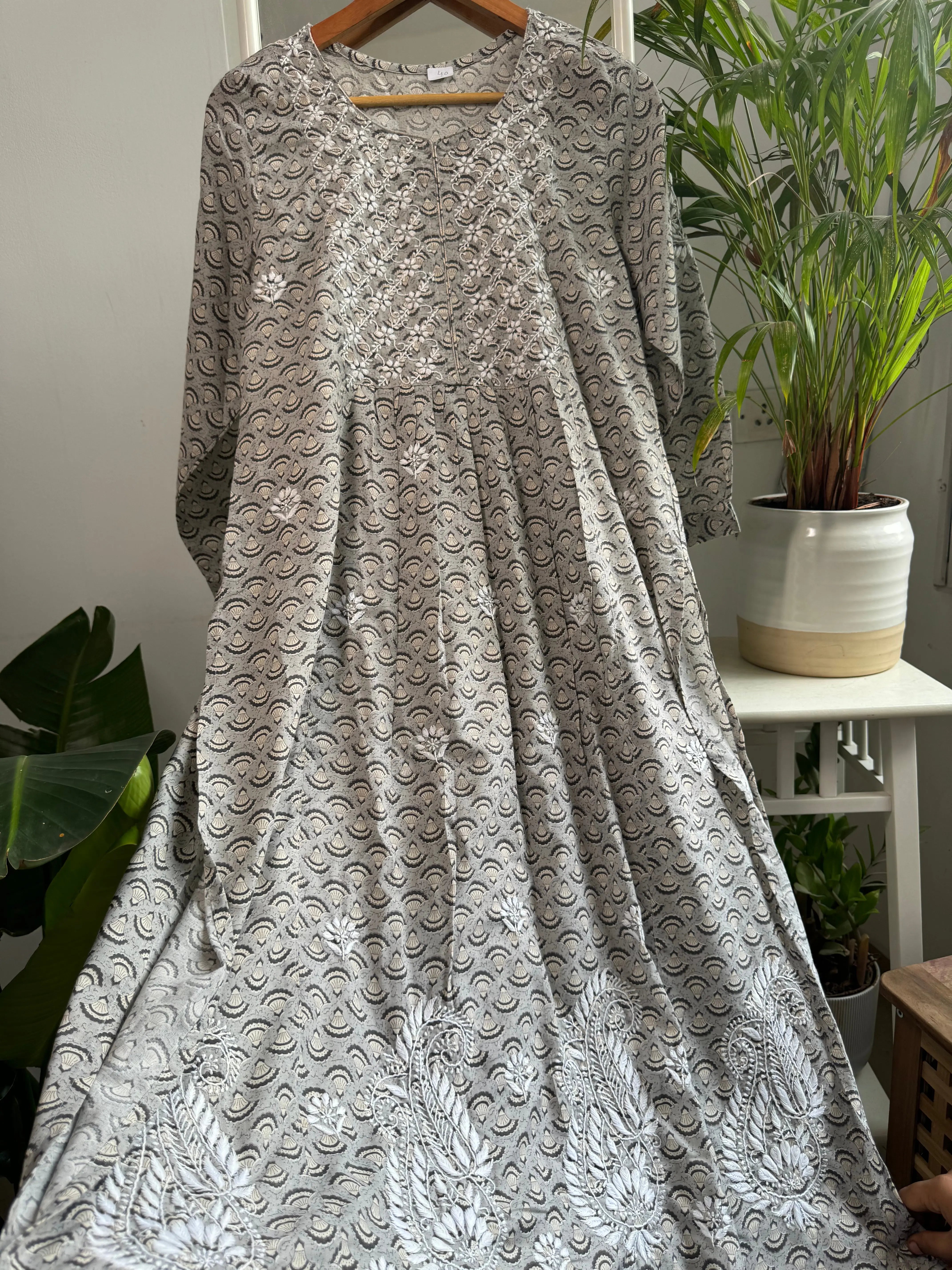 Cotton Printed Chikankari Set - Grey ARIAA CHIKANKARI
