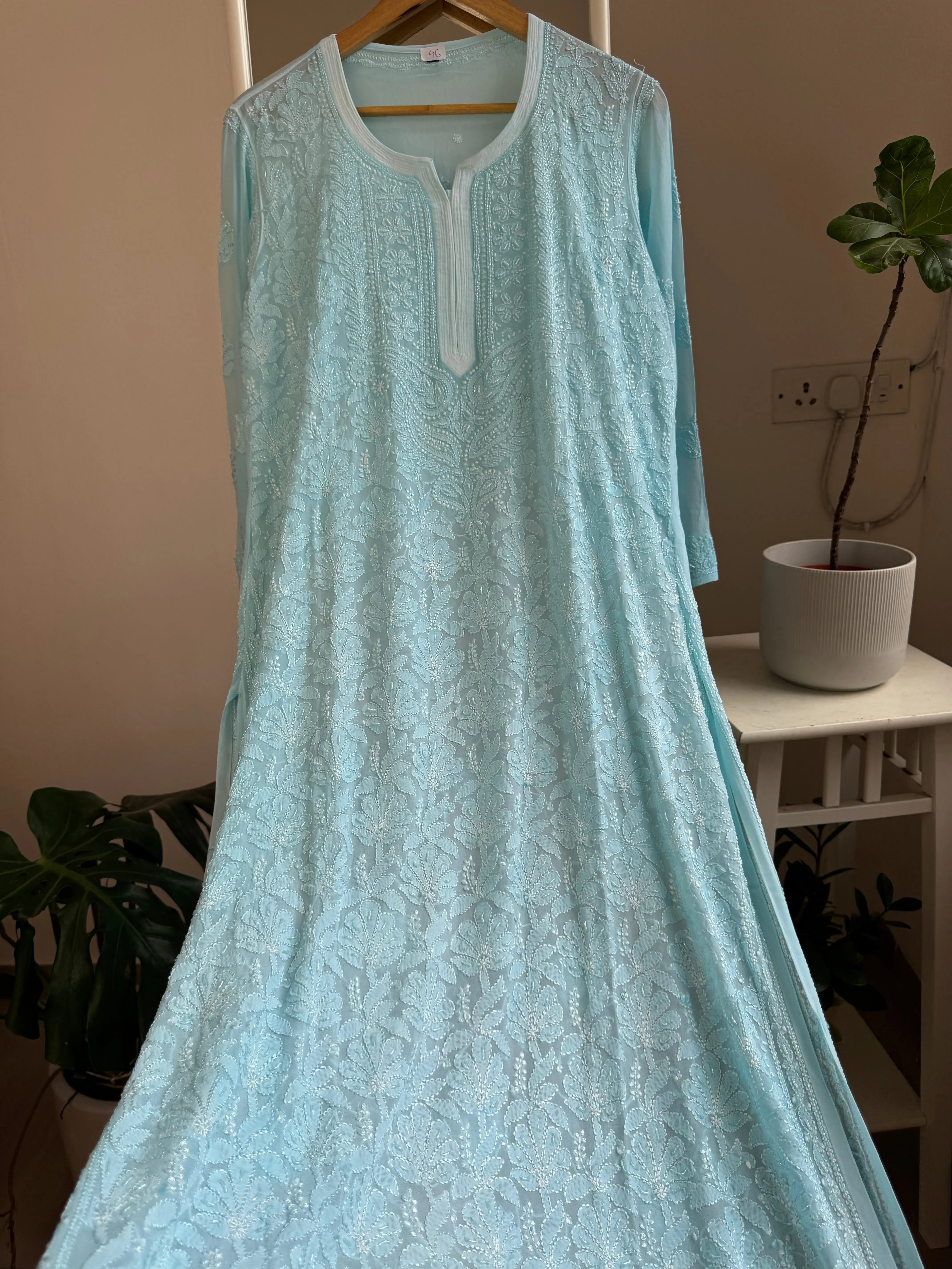 Viscose Chikankari Kurti with Pearl Work - Firozi Blue ARIAA CHIKANKARI