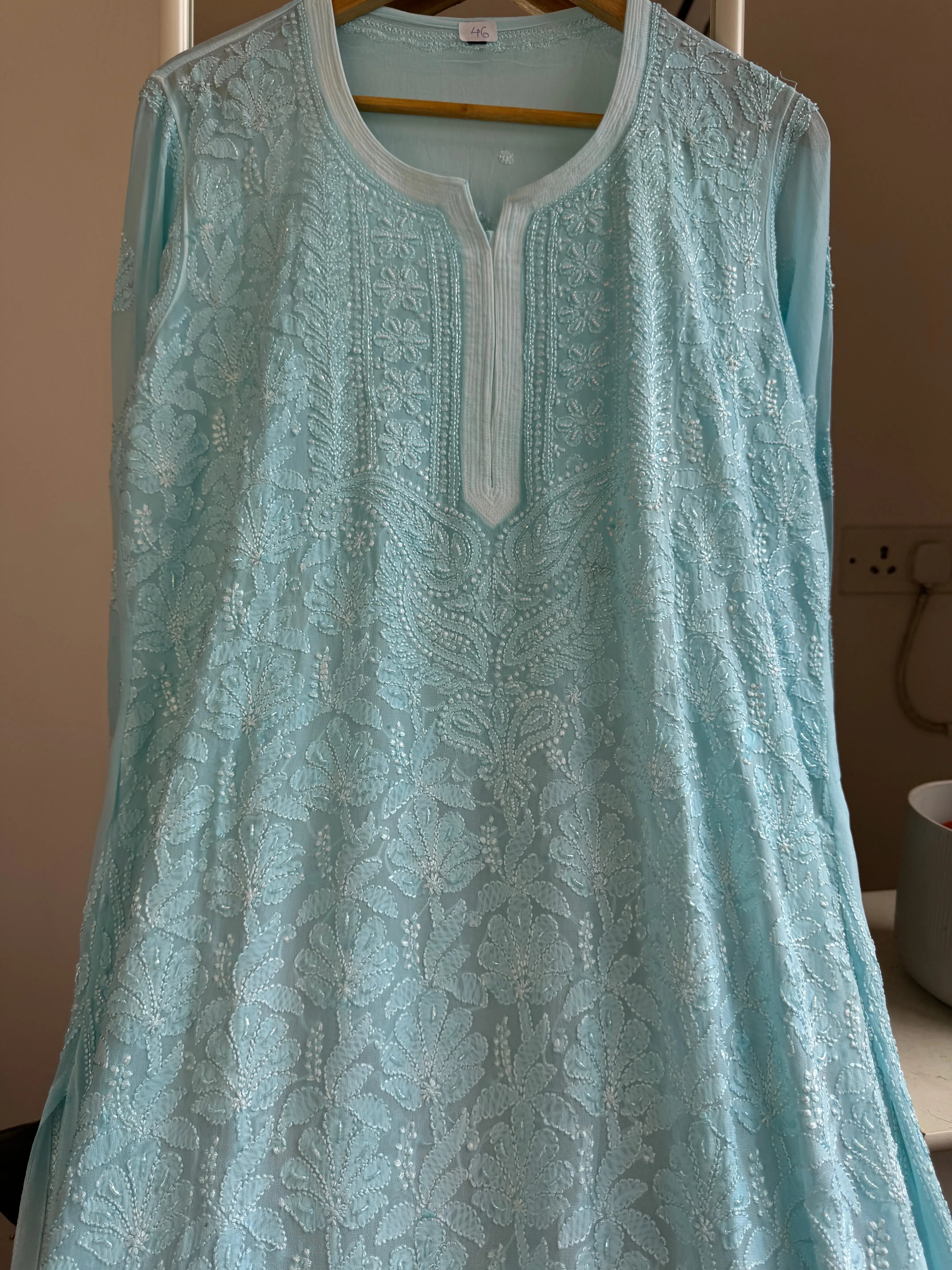 Viscose Chikankari Kurti with Pearl Work - Firozi Blue ARIAA CHIKANKARI