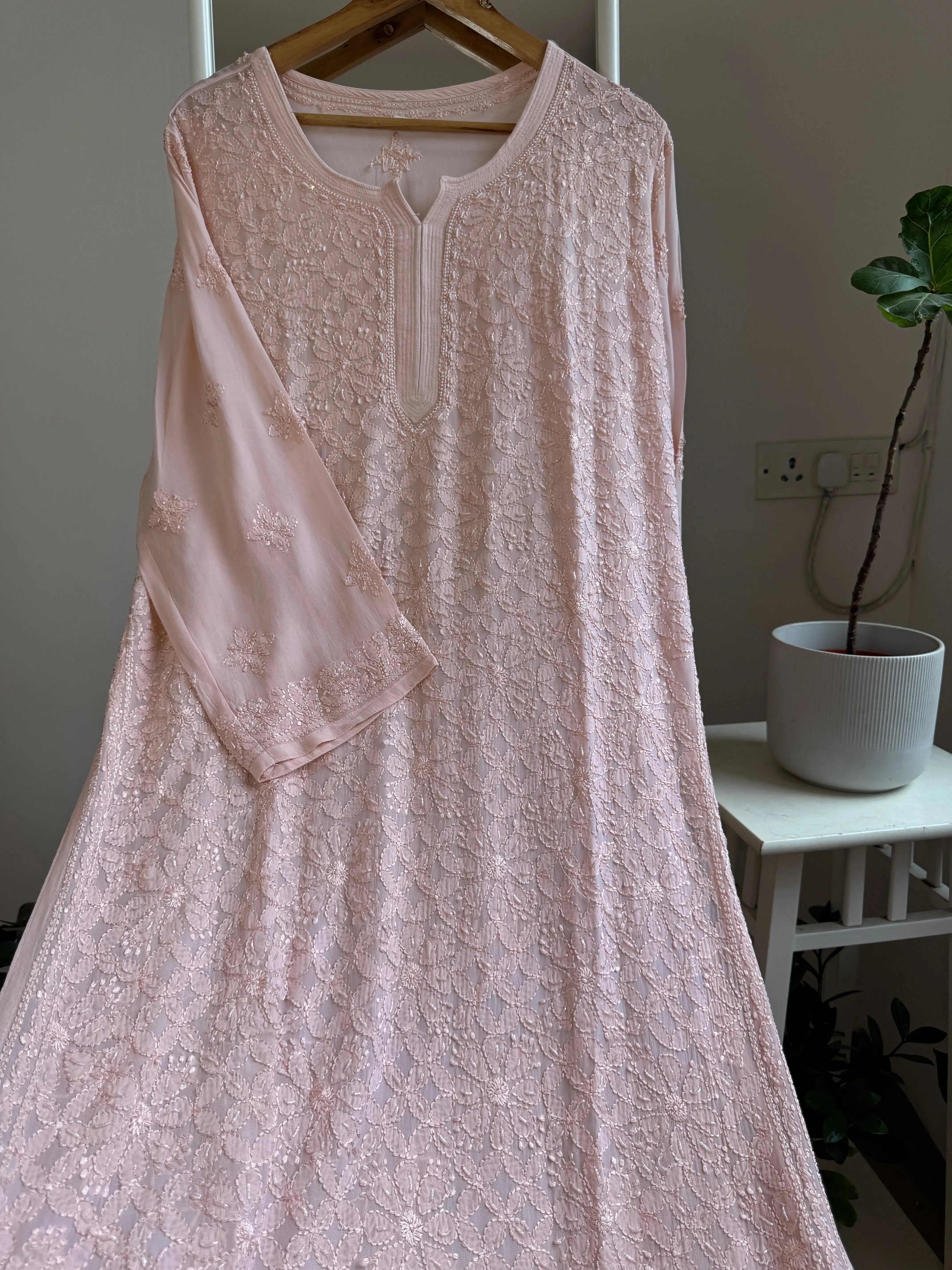 Viscose Chikankari Kurti with Pearl Add on Work - Peach ARIAA CHIKANKARI