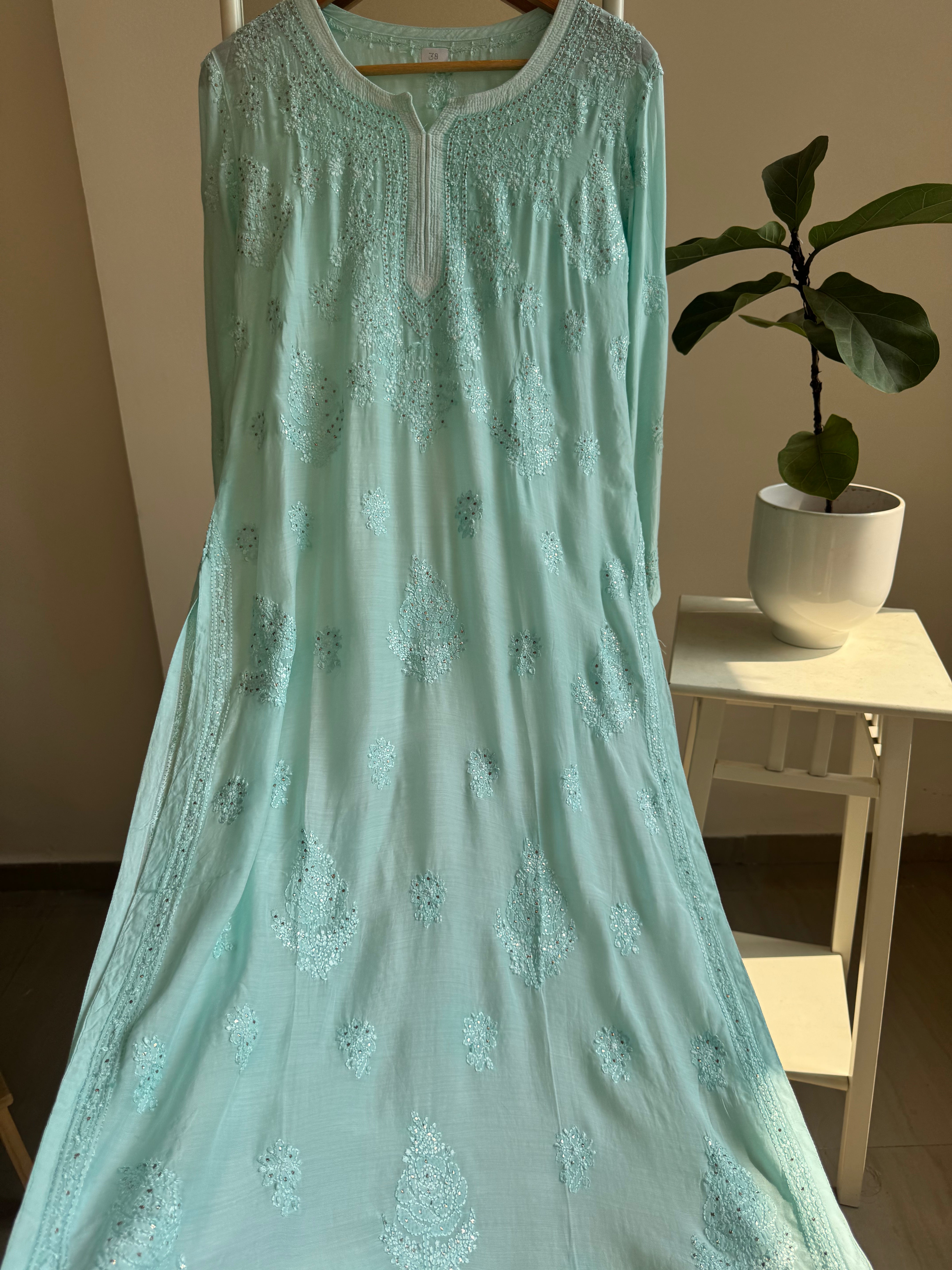 Muslin Chikankari Kurti with Mukaish work -Cyan Green ARIAA CHIKANKARI