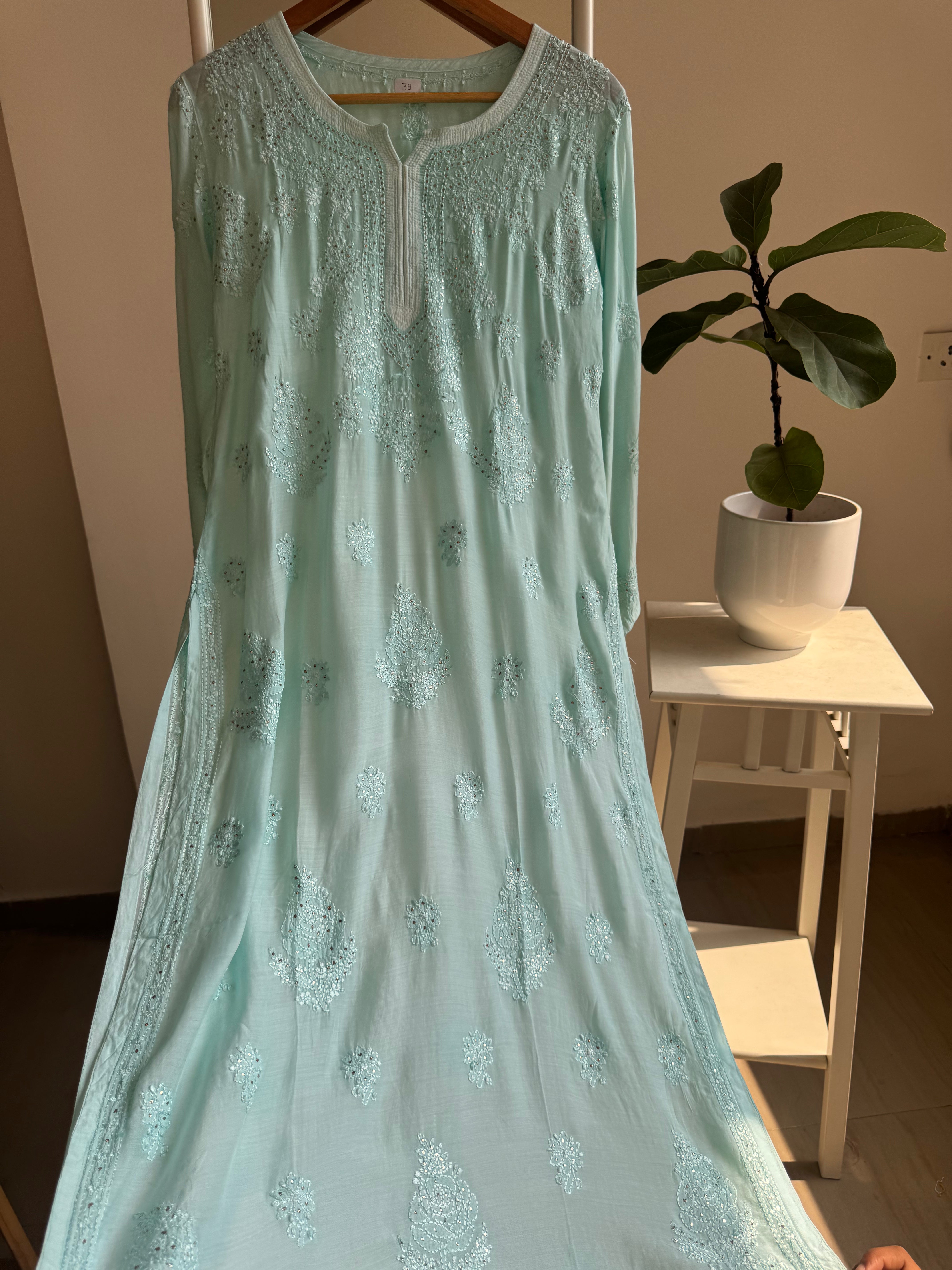 Muslin Chikankari Kurti with Mukaish work -Cyan Green ARIAA CHIKANKARI