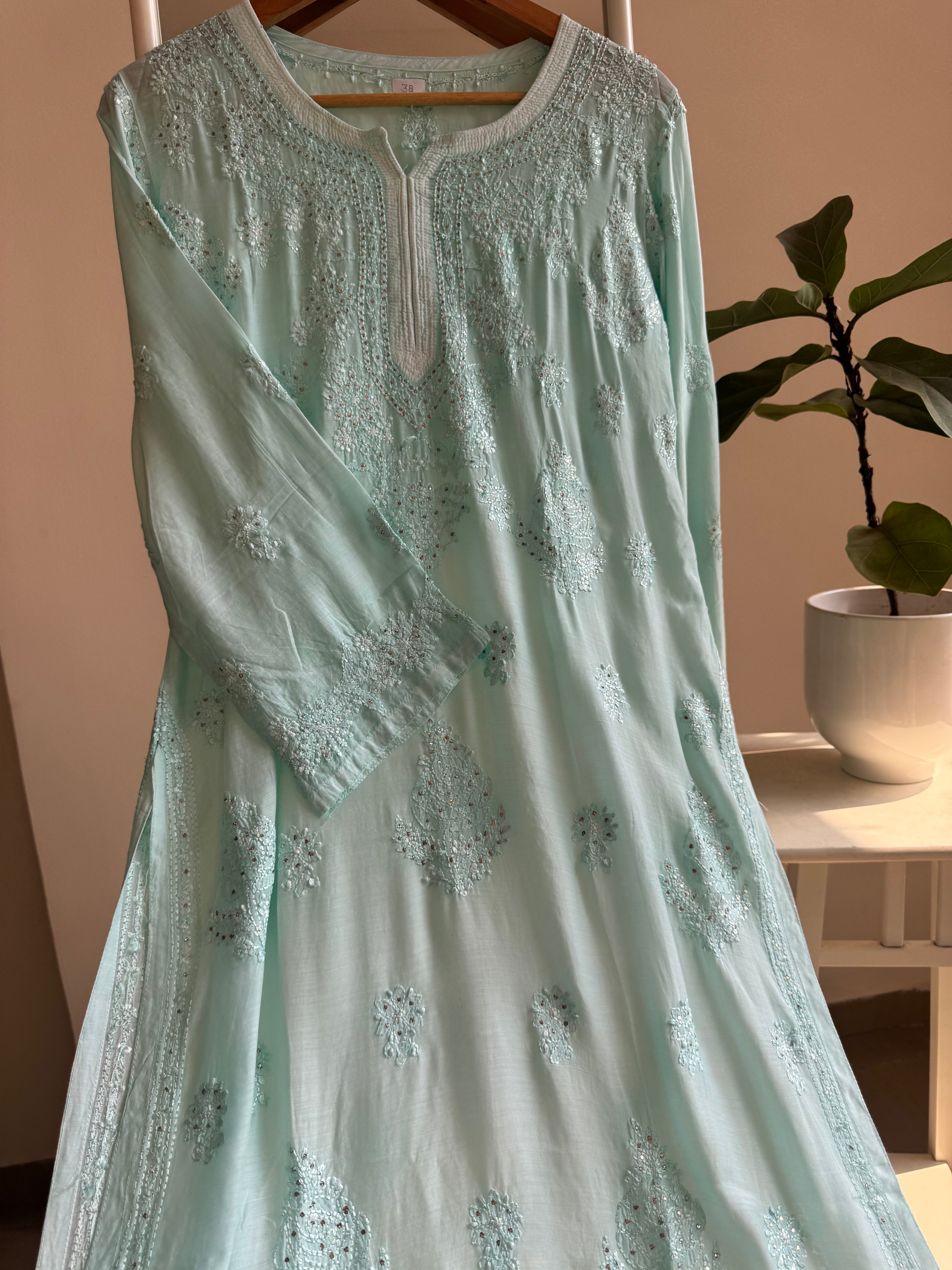 Muslin Chikankari Kurti with Mukaish work -Cyan Green ARIAA CHIKANKARI