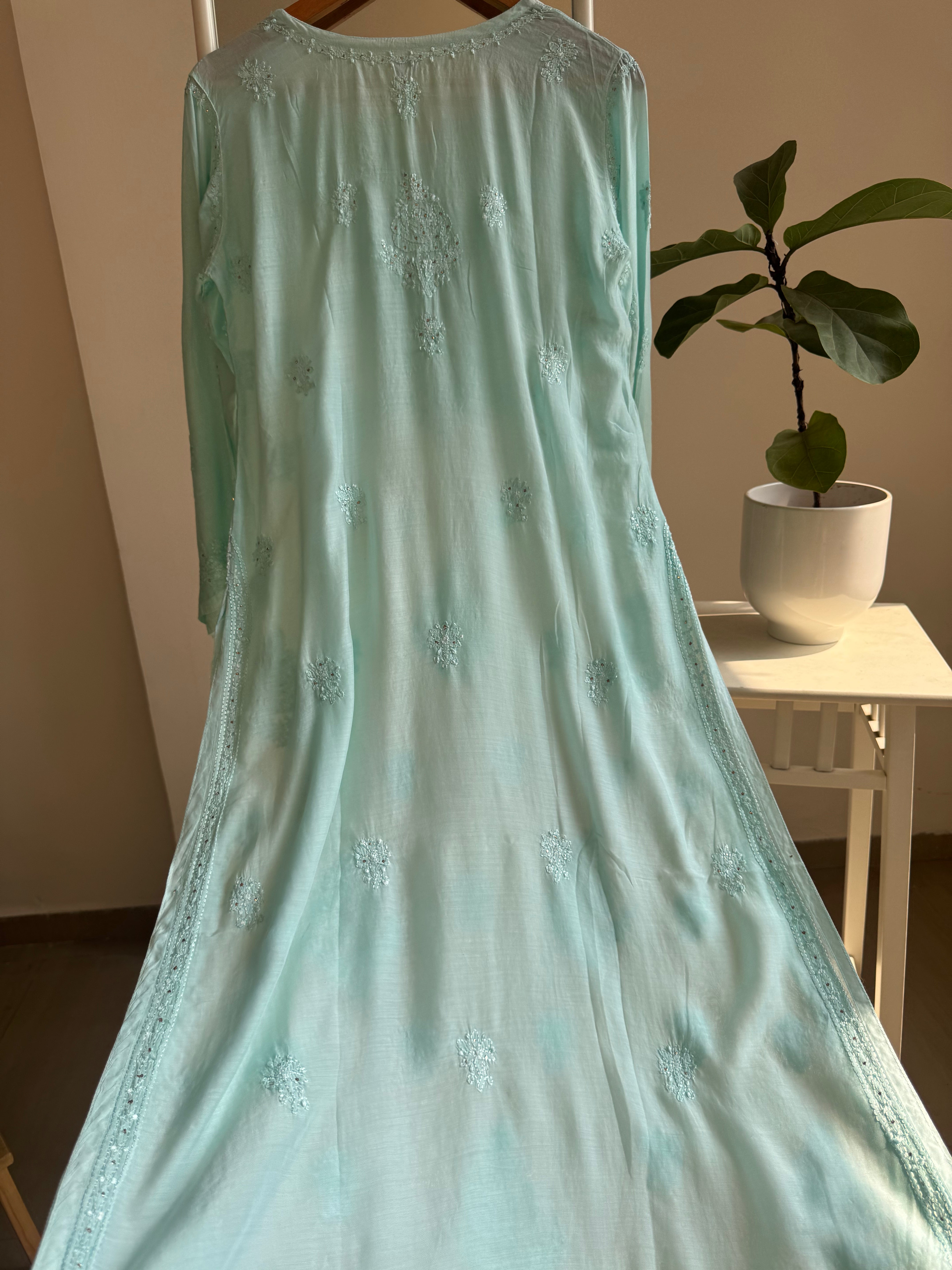 Muslin Chikankari Kurti with Mukaish work -Cyan Green ARIAA CHIKANKARI