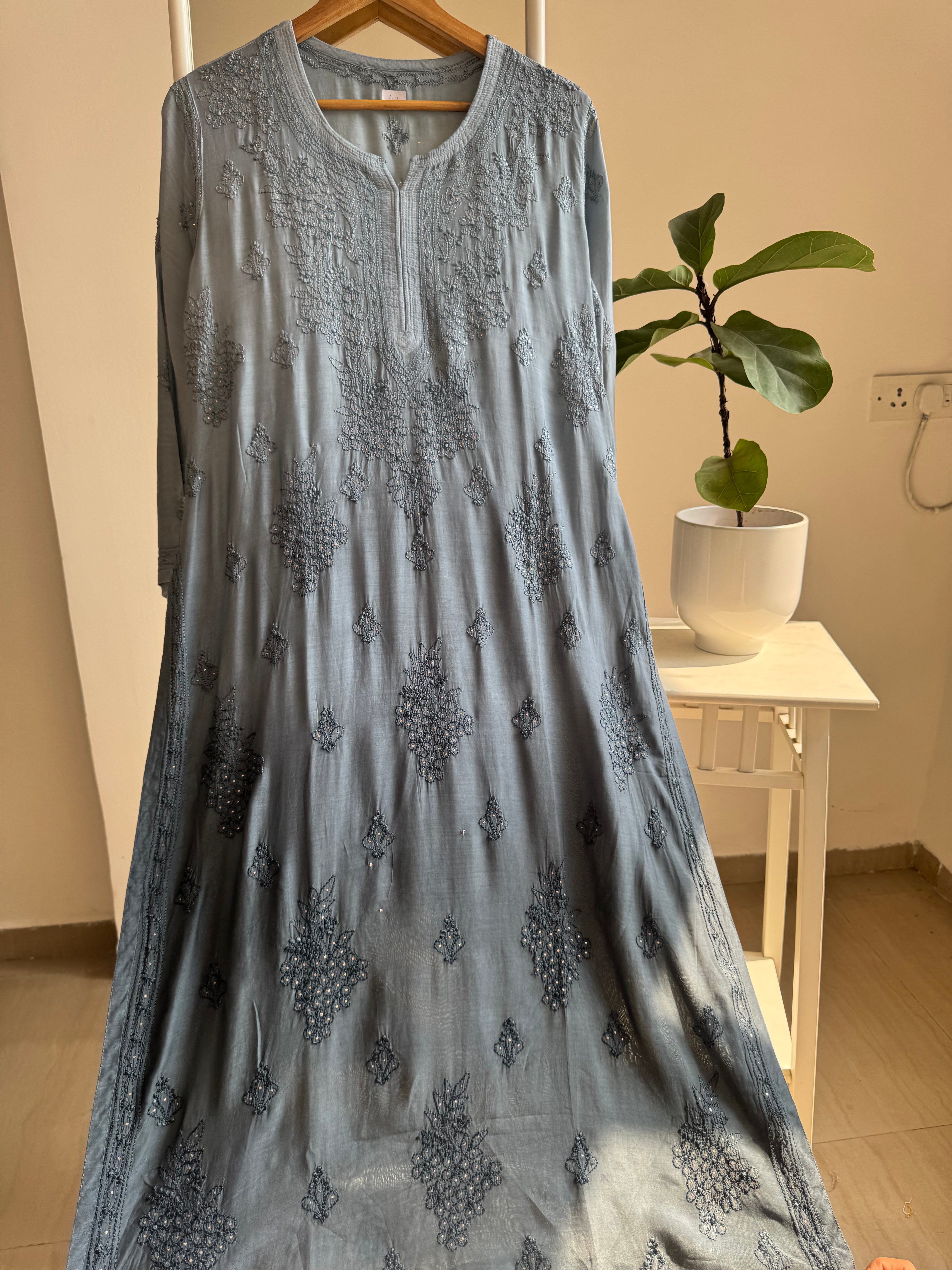 Muslin Chikankari Kurti with Mukaish work - Grey Ombre