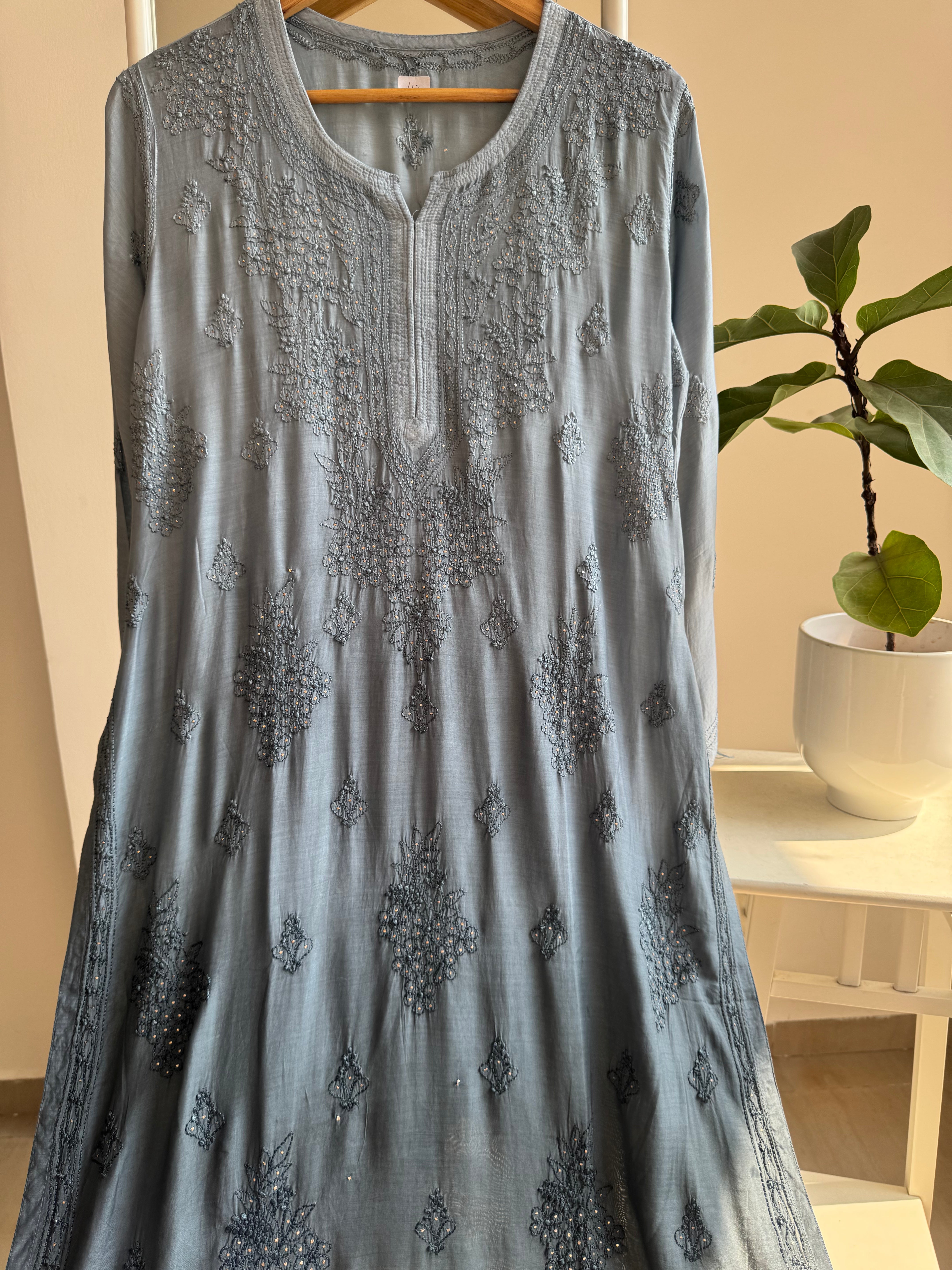 Muslin Chikankari Kurti with Mukaish work - Grey Ombre