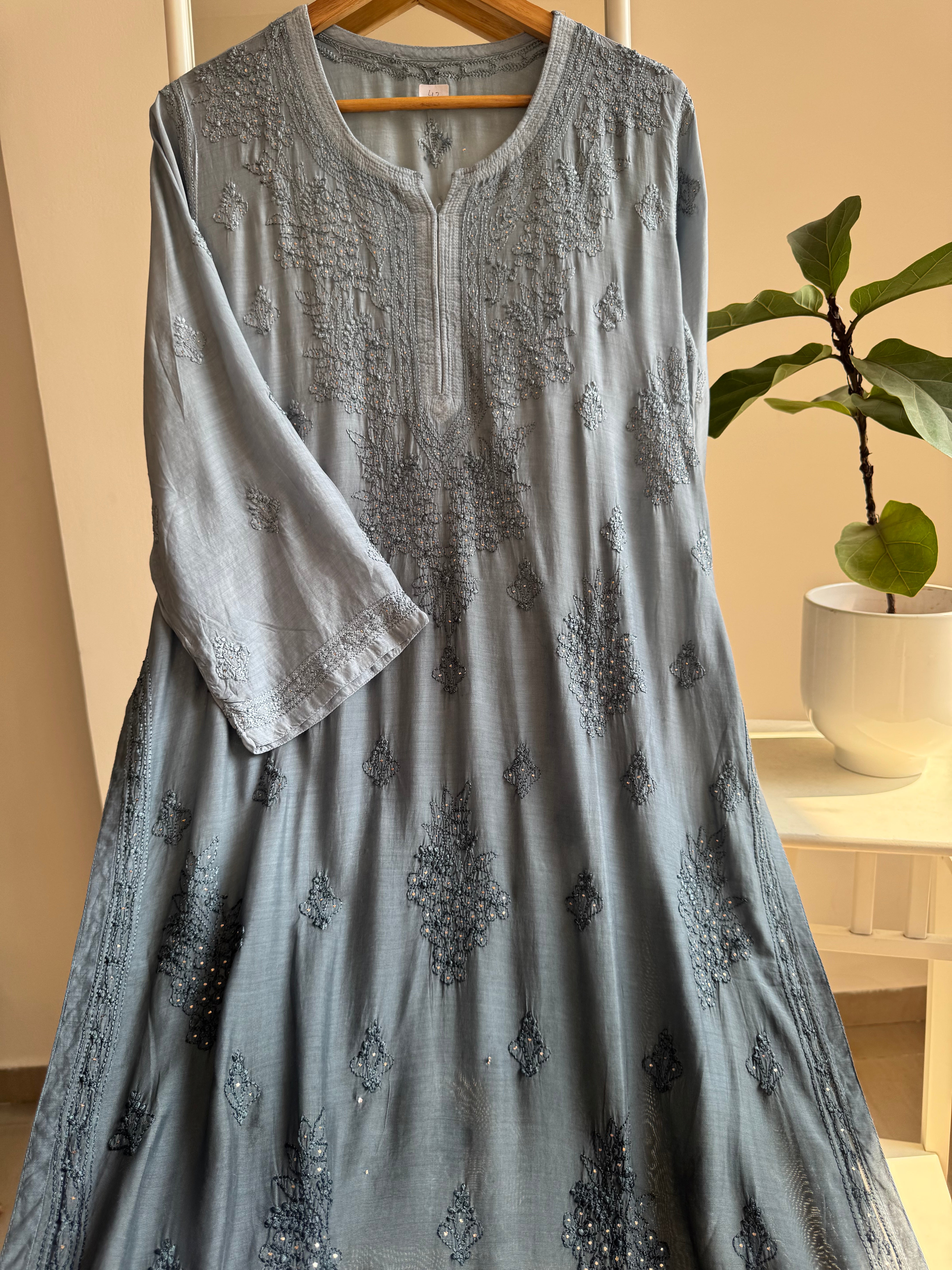 Muslin Chikankari Kurti with Mukaish work - Grey Ombre