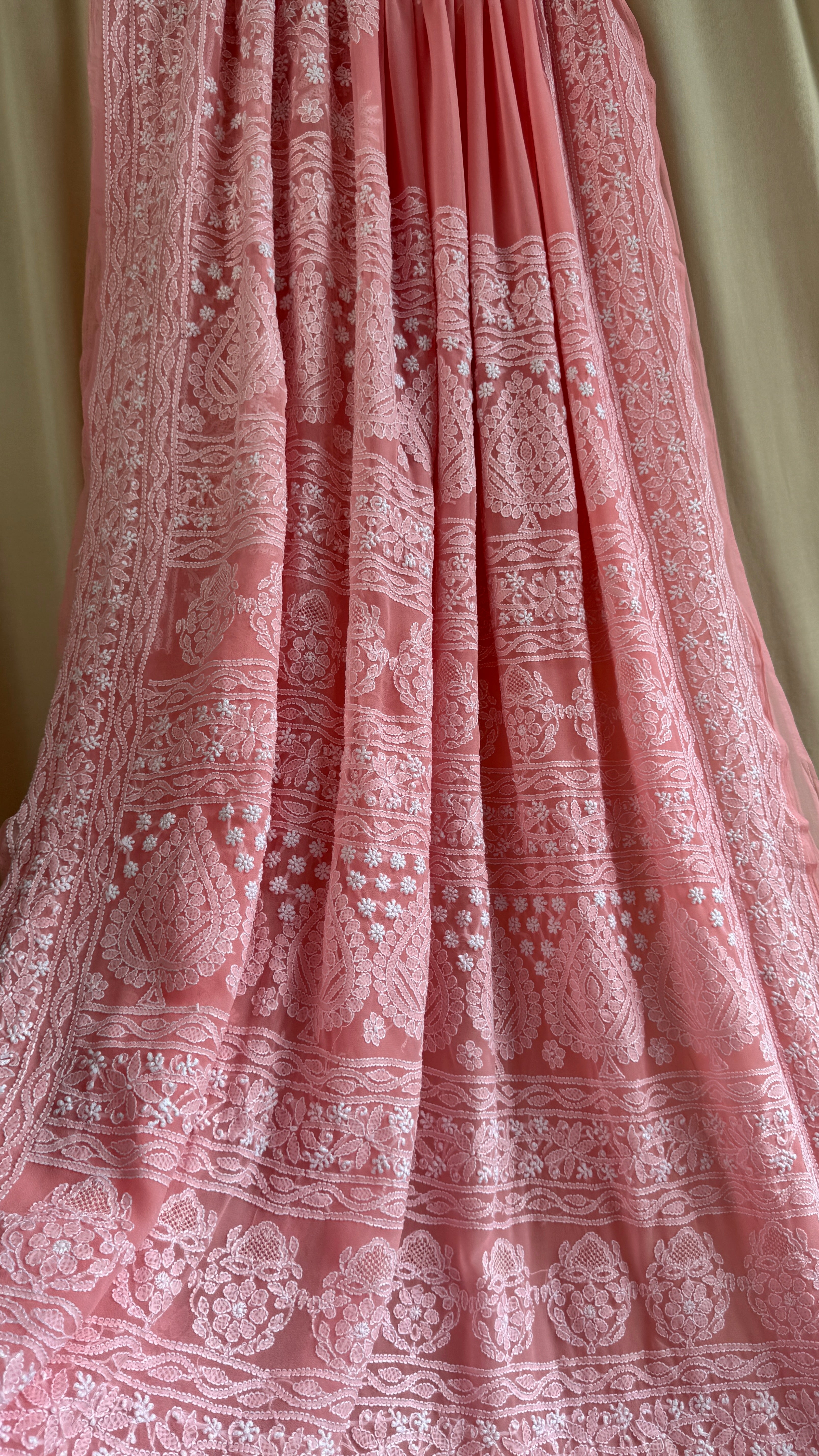 Georgette Chikankari saree in Carrot Peach