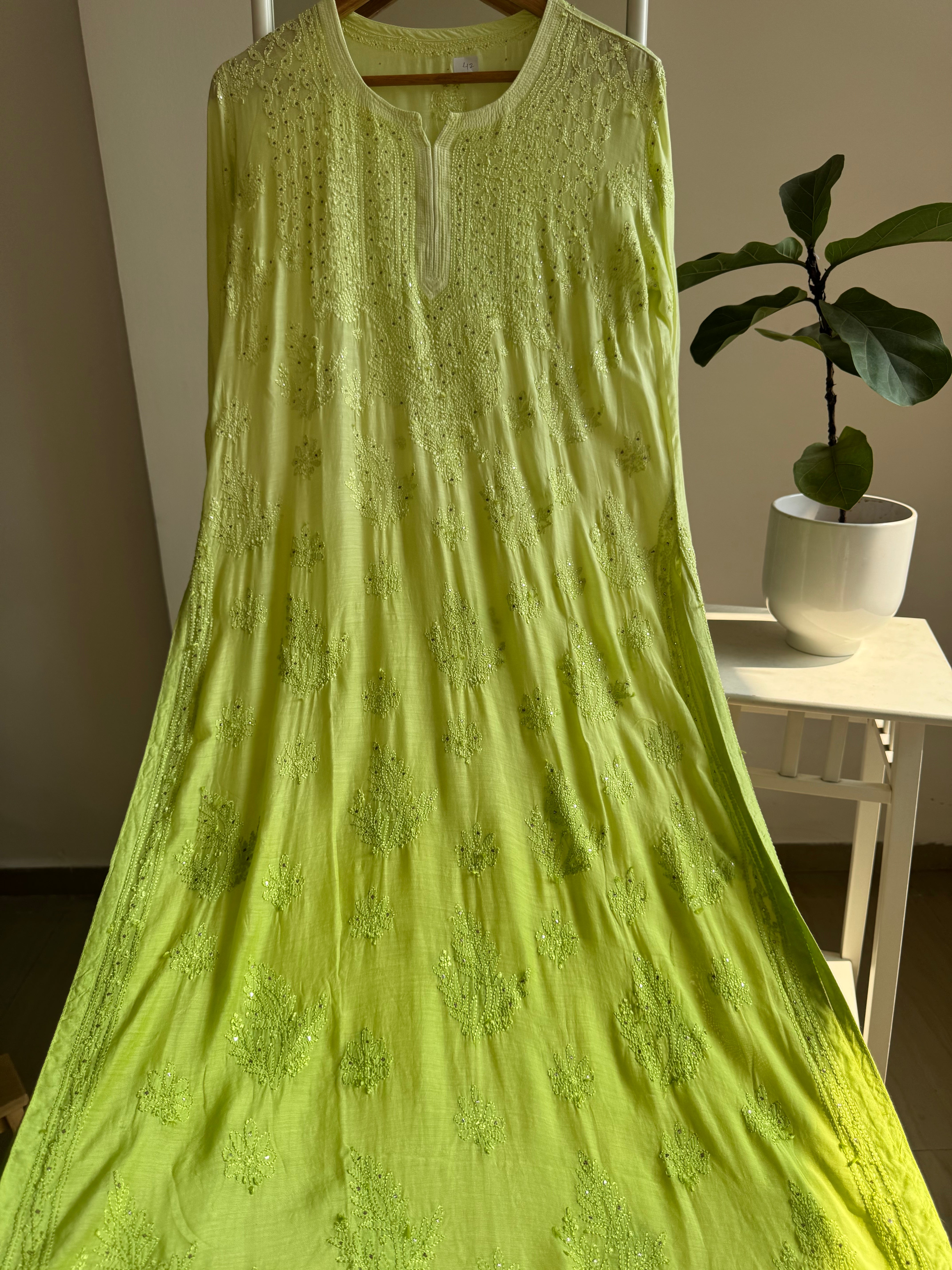 Muslin Chikankari Kurti with Mukaish work -Green Ombre