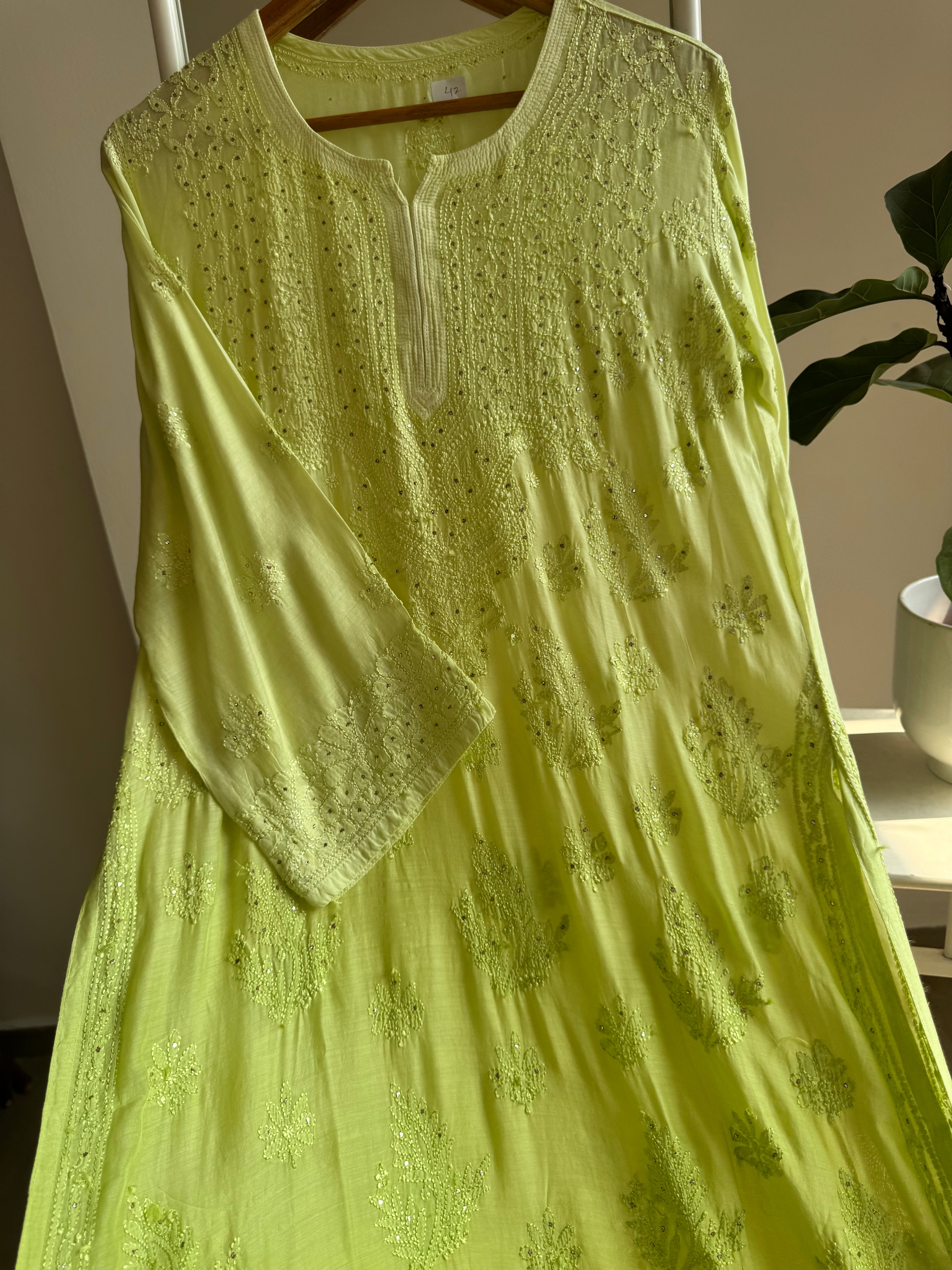 Muslin Chikankari Kurti with Mukaish work -Green Ombre