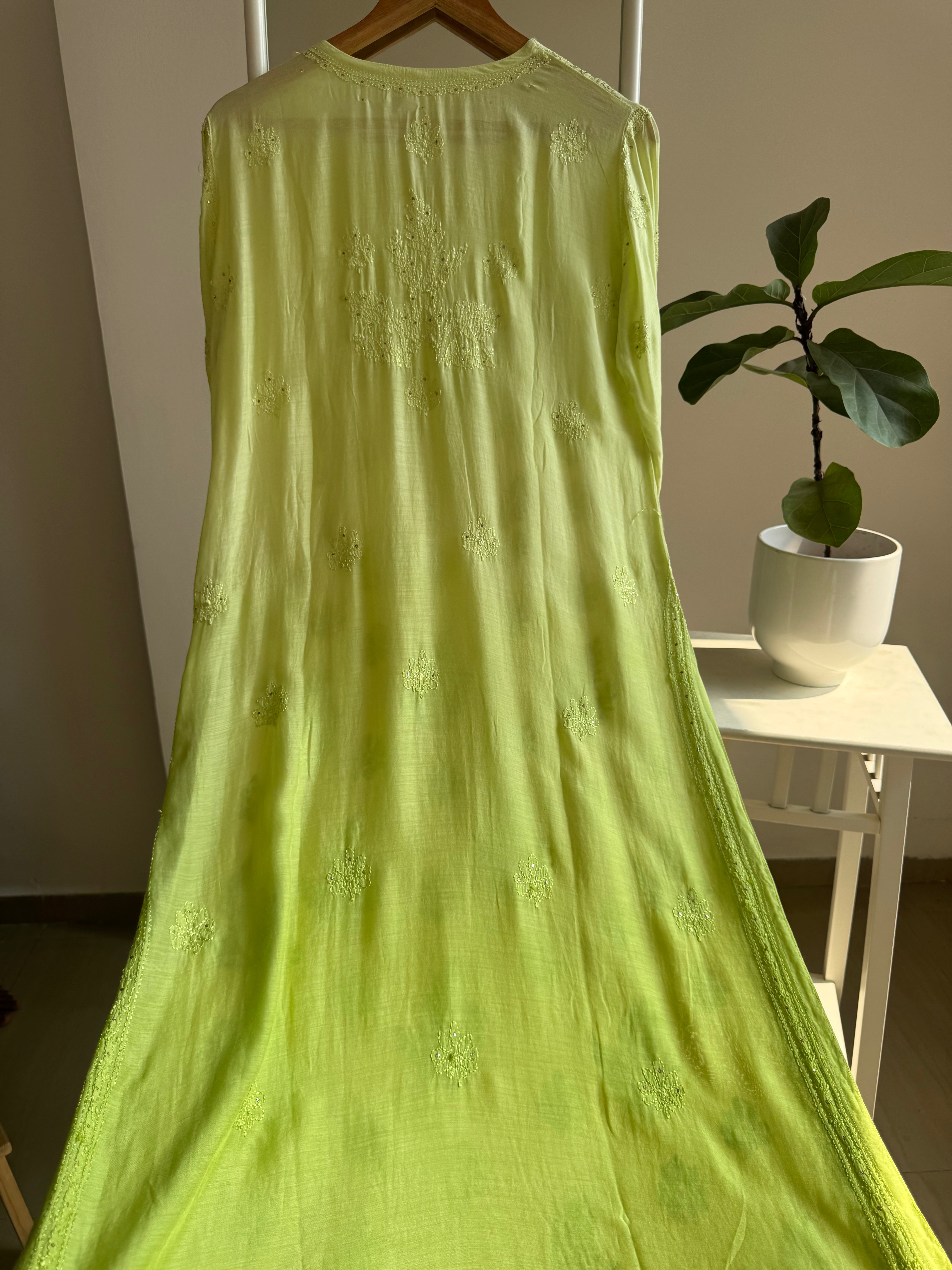 Muslin Chikankari Kurti with Mukaish work -Green Ombre