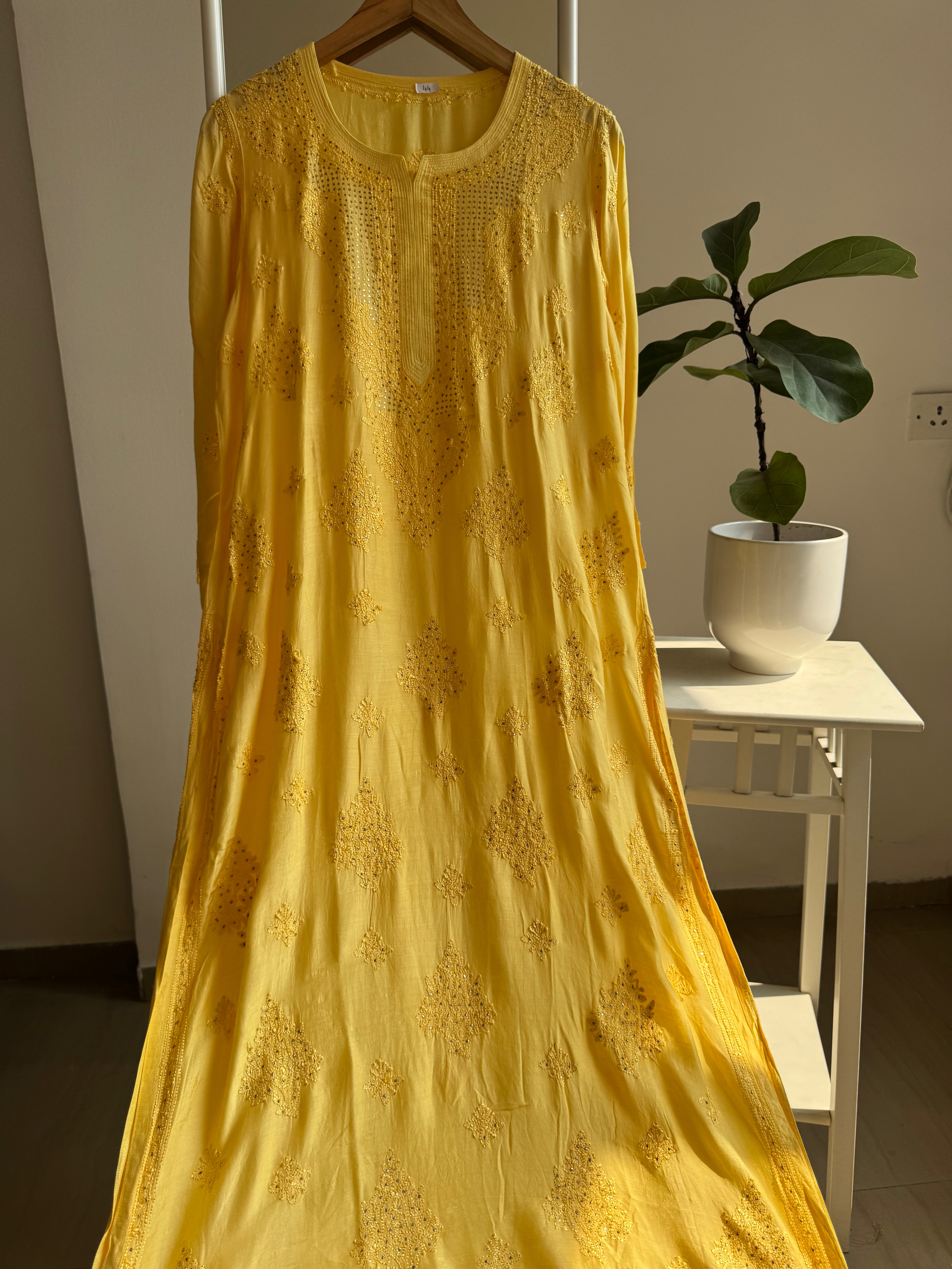 Muslin Chikankari Kurti with Mukaish work - Yellow
