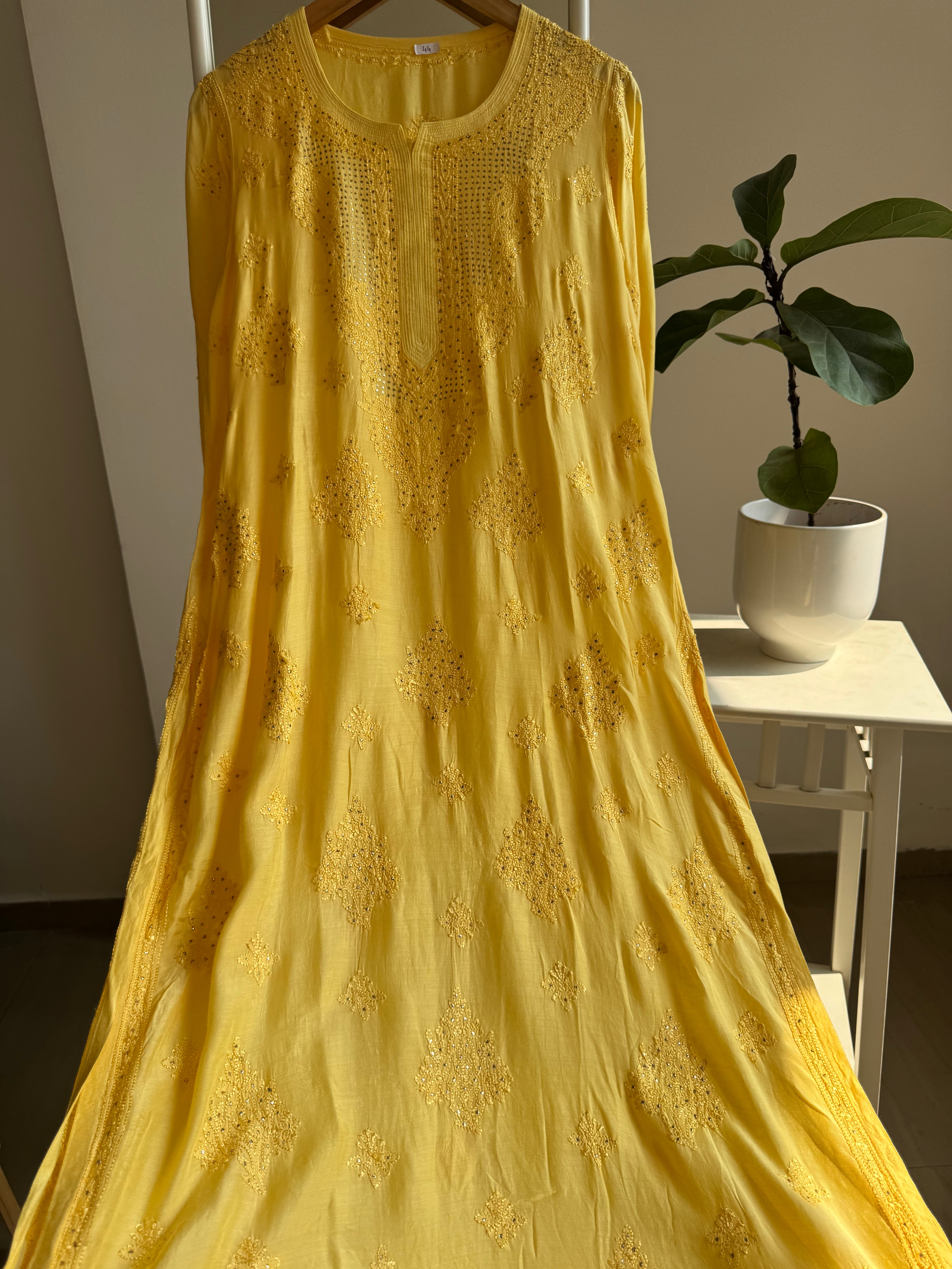 Muslin Chikankari Kurti with Mukaish work - Yellow