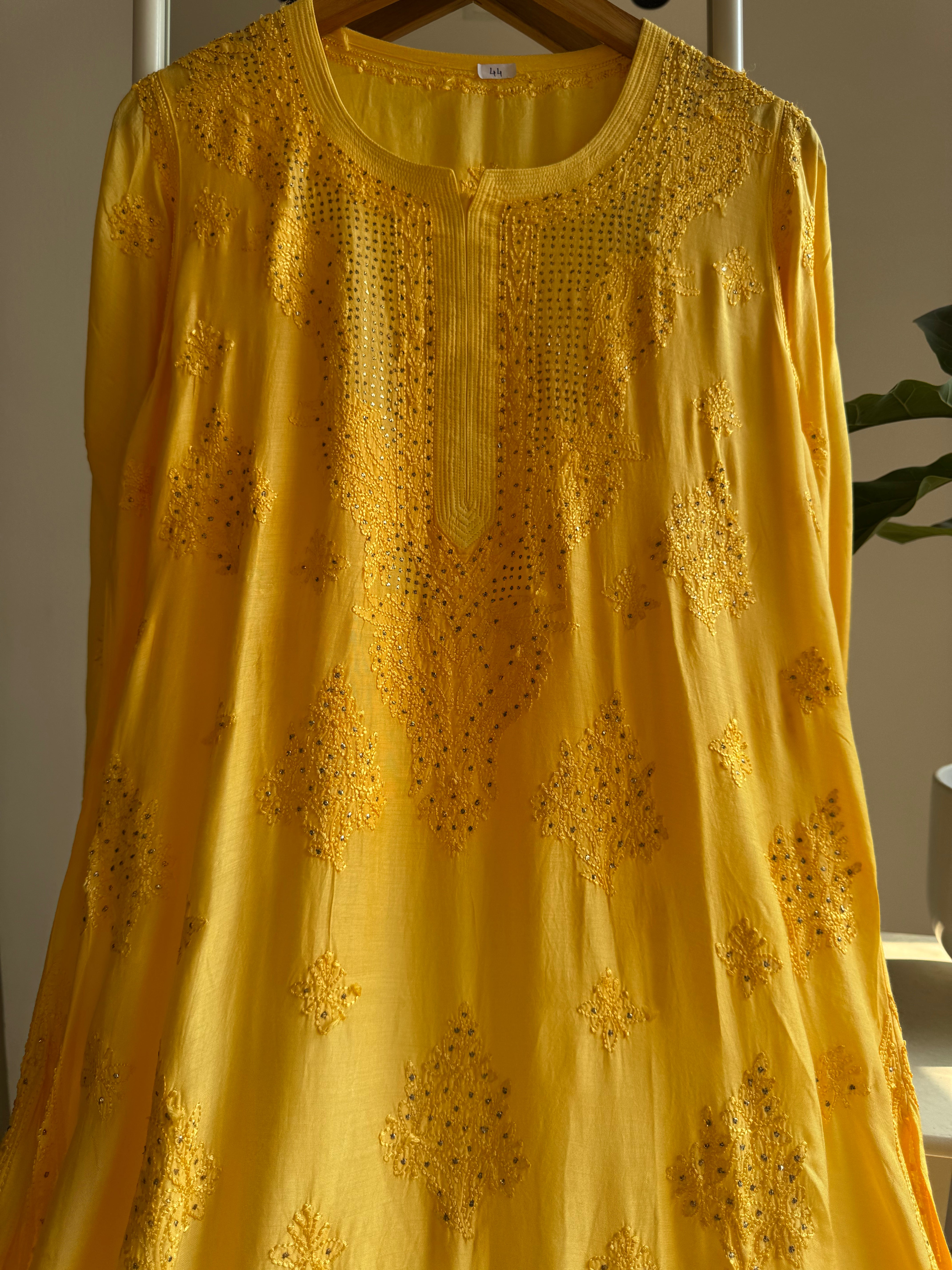 Muslin Chikankari Kurti with Mukaish work - Yellow