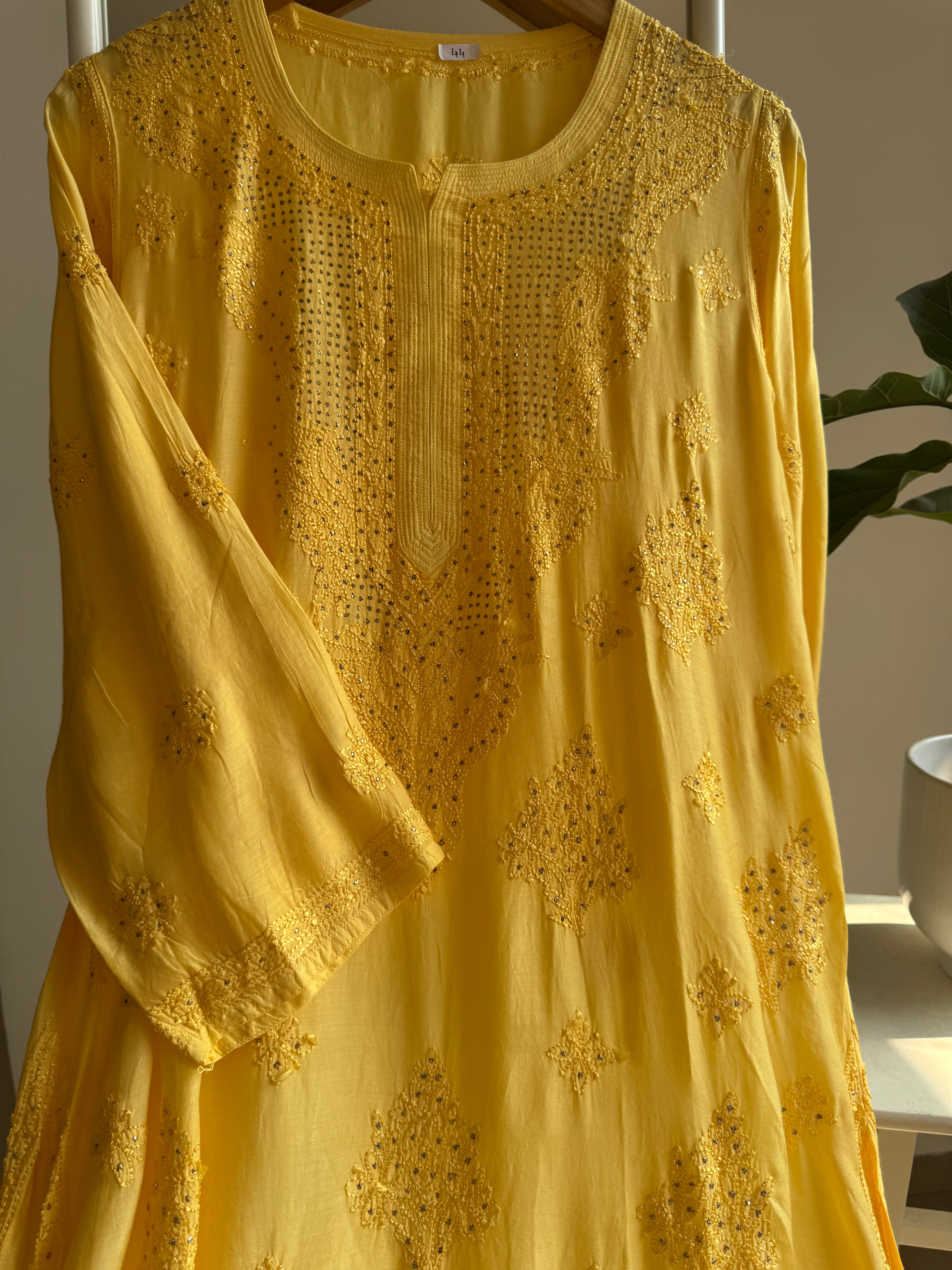 Muslin Chikankari Kurti with Mukaish work - Yellow