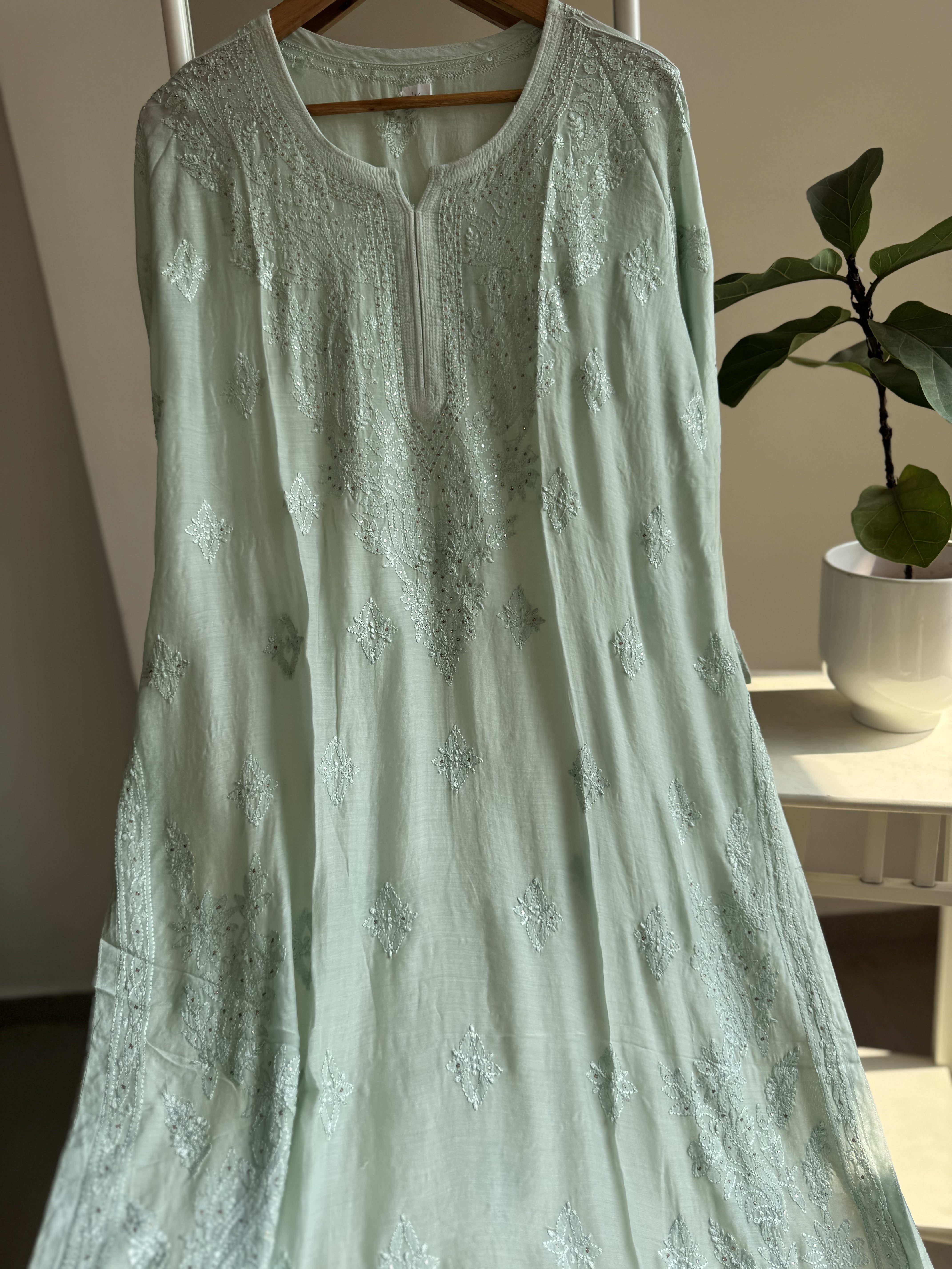 Muslin Chikankari Kurti with Mukaish work - Green