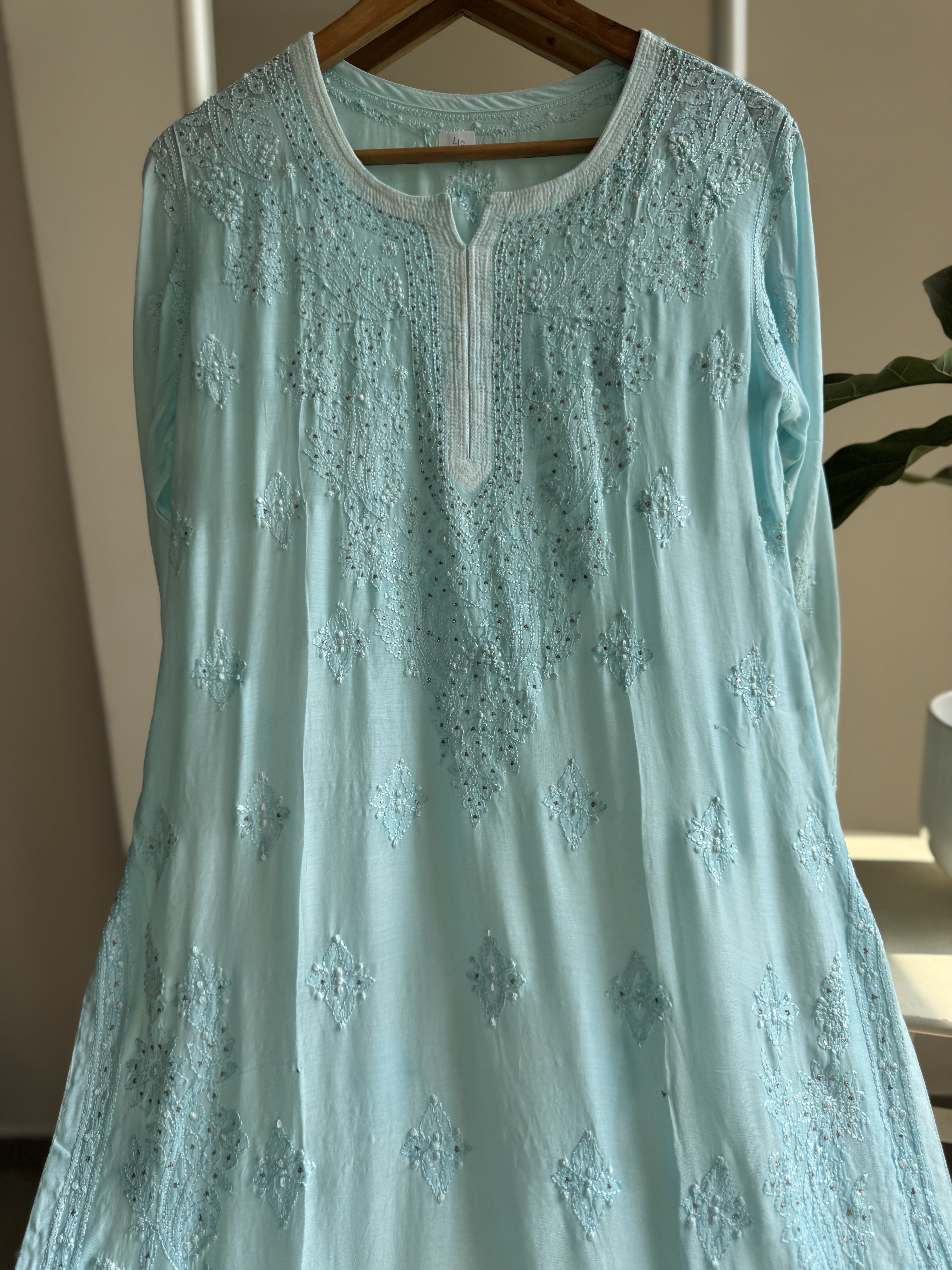 Muslin Chikankari Kurti with Mukaish work - Cyan Blue ARIAA CHIKANKARI