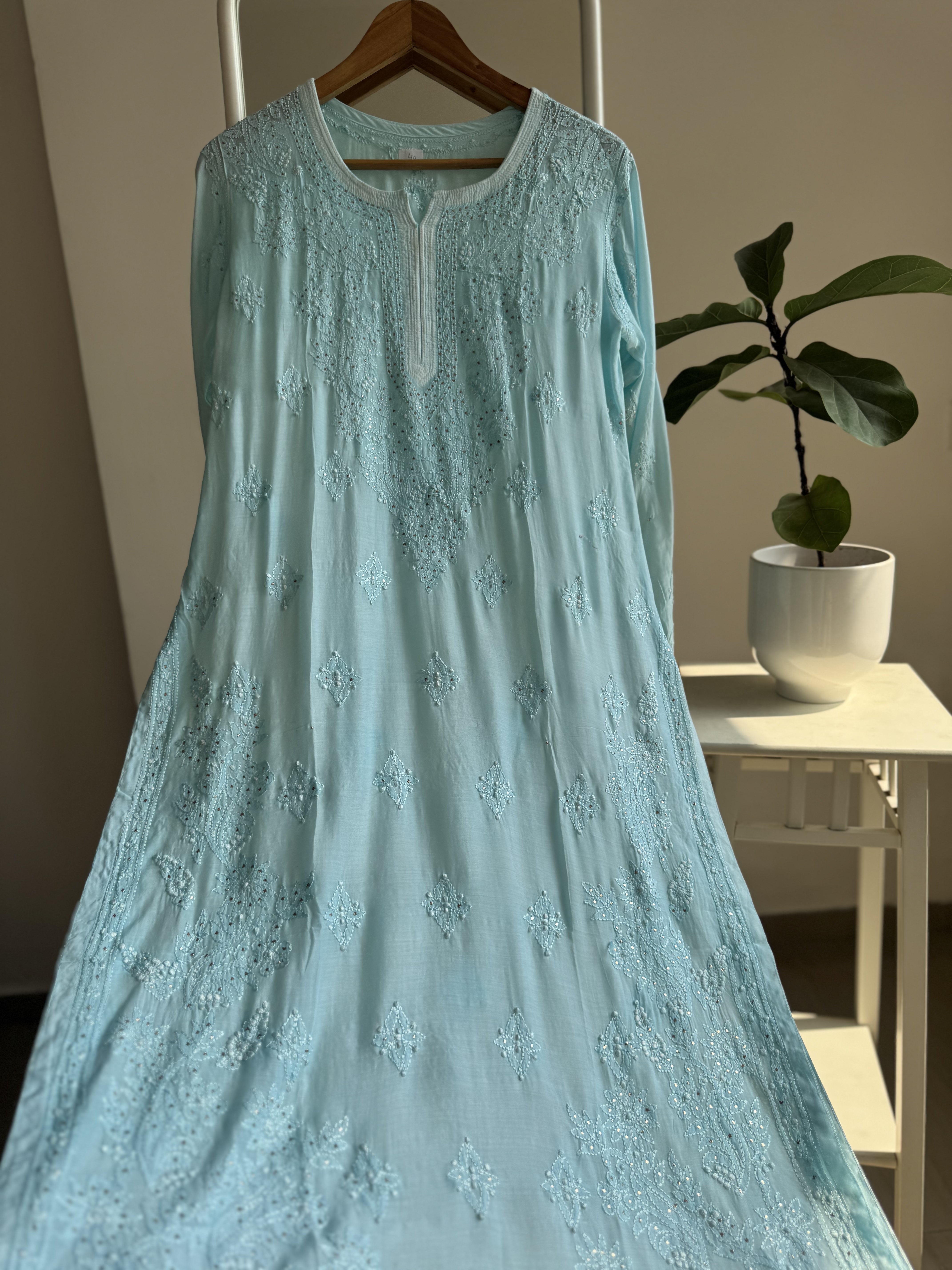 Muslin Chikankari Kurti with Mukaish work - Cyan Blue ARIAA CHIKANKARI