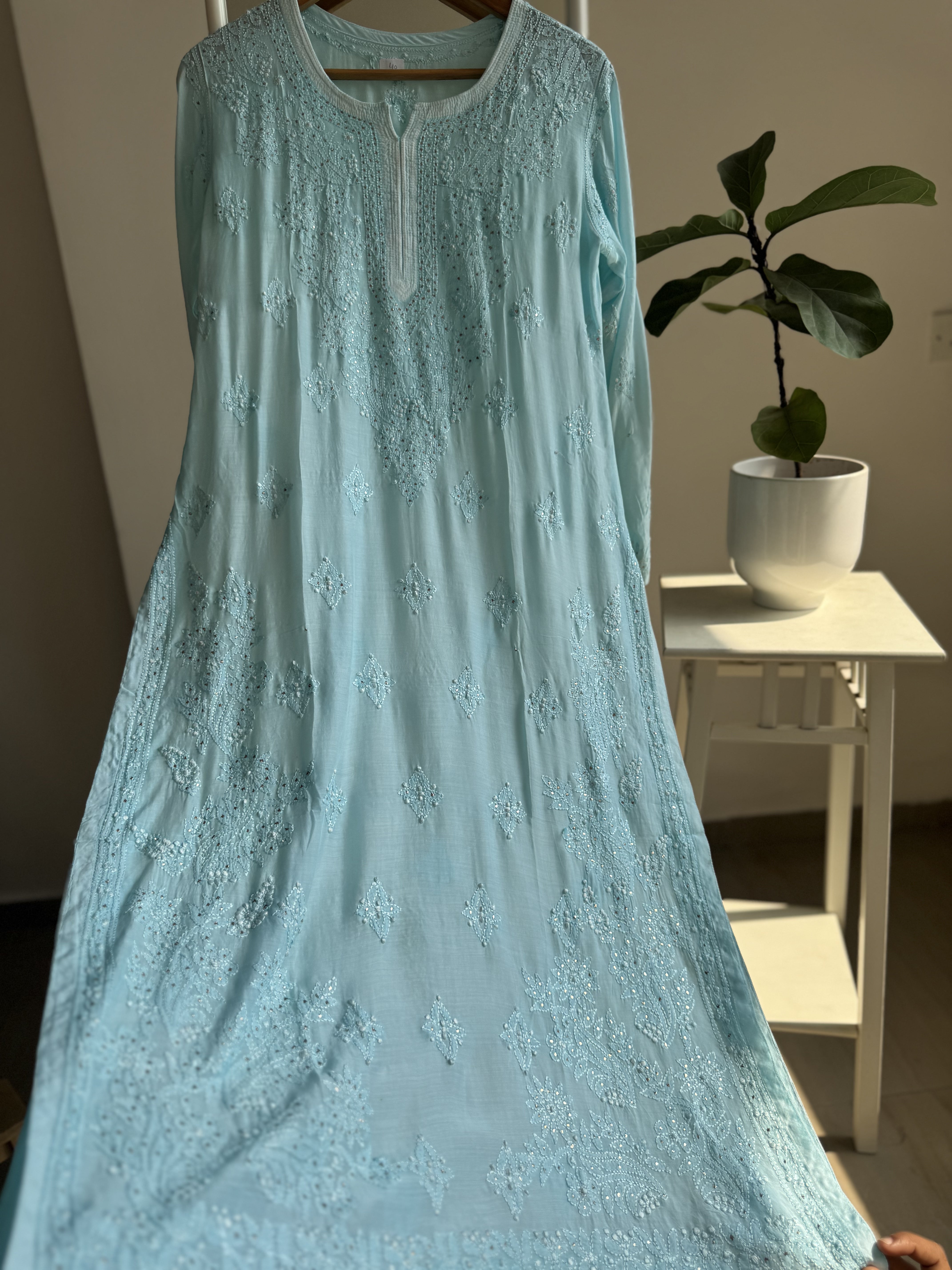 Muslin Chikankari Kurti with Mukaish work - Cyan Blue ARIAA CHIKANKARI