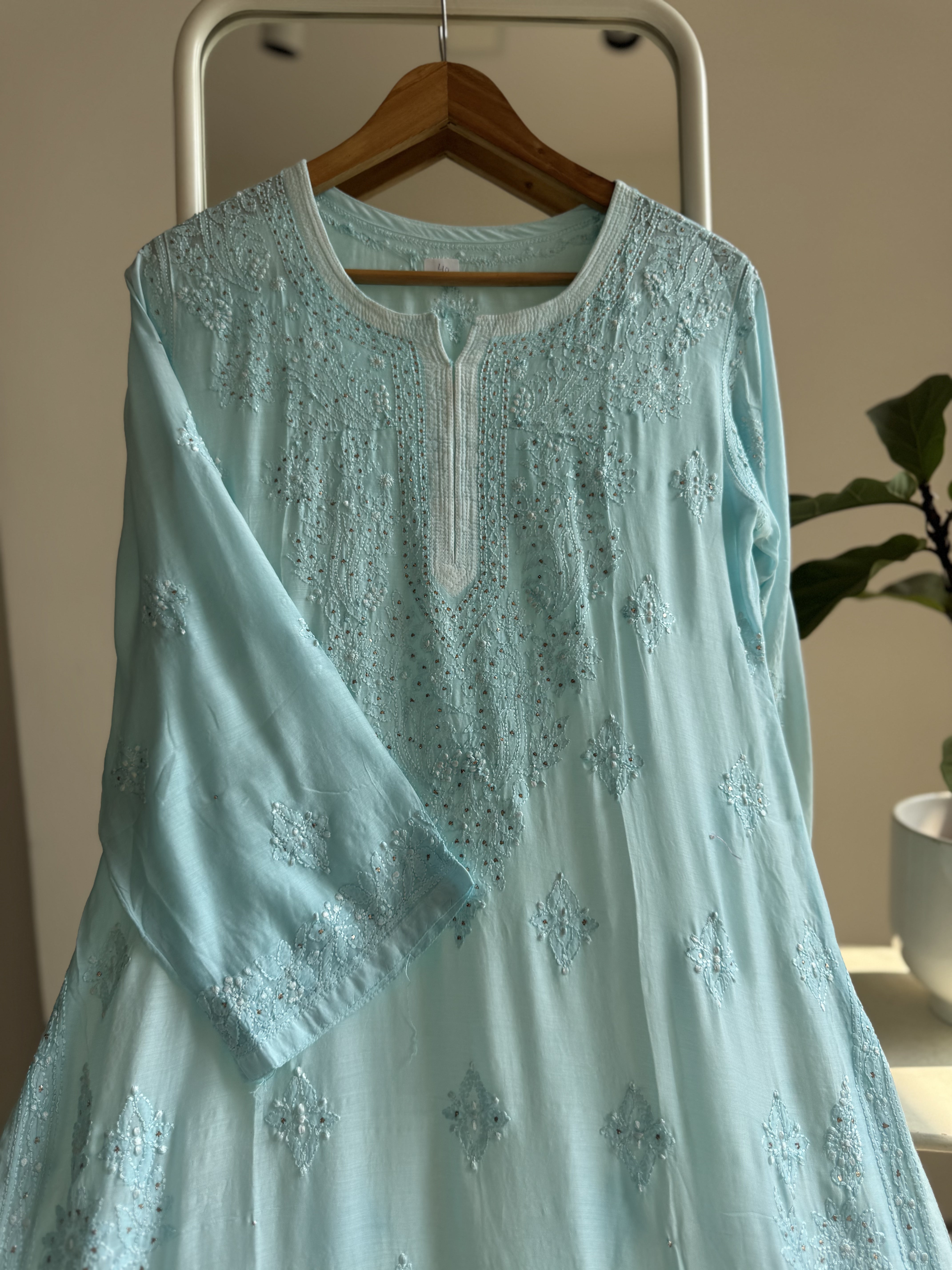 Muslin Chikankari Kurti with Mukaish work - Cyan Blue ARIAA CHIKANKARI