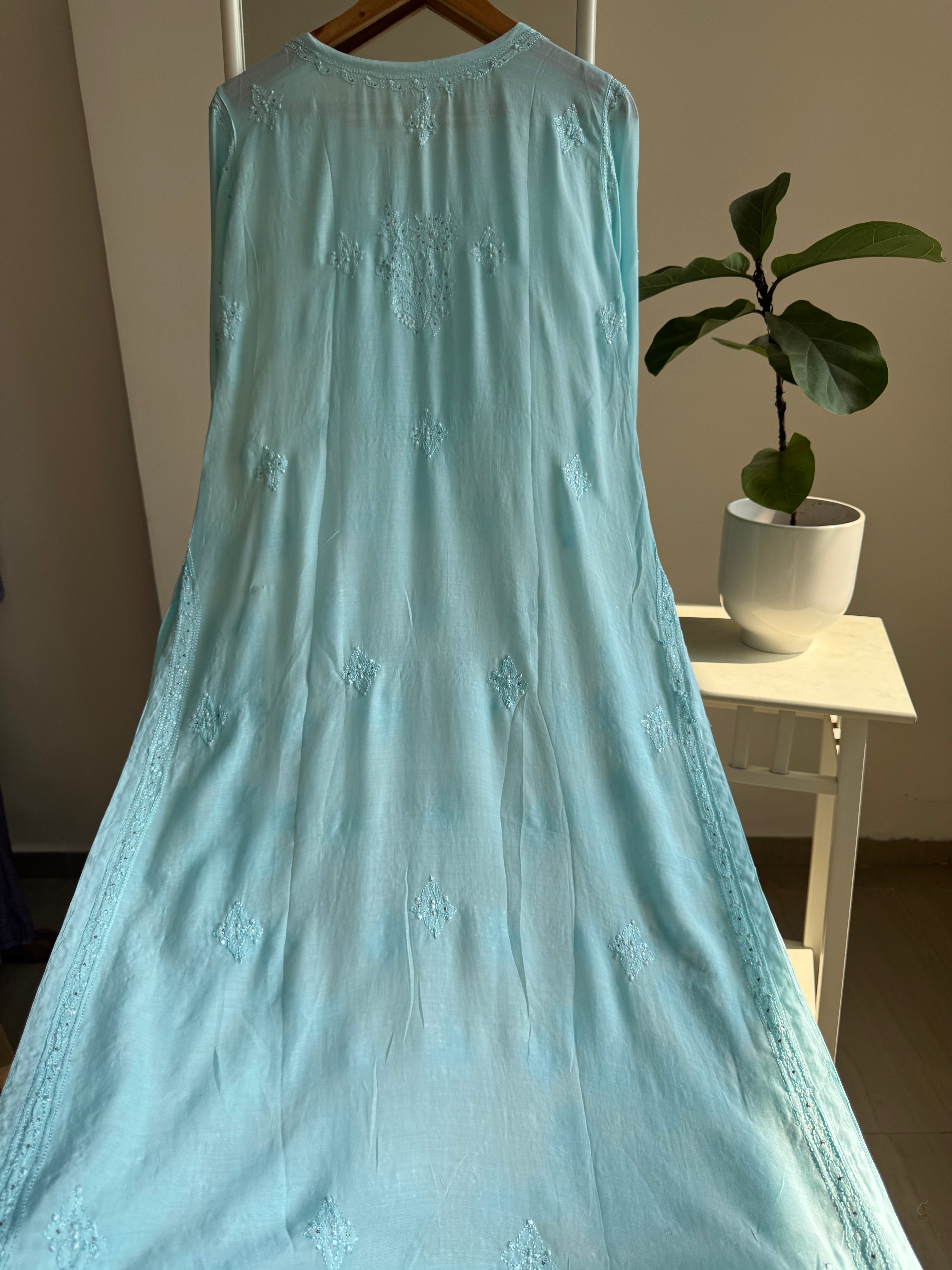 Muslin Chikankari Kurti with Mukaish work - Cyan Blue ARIAA CHIKANKARI