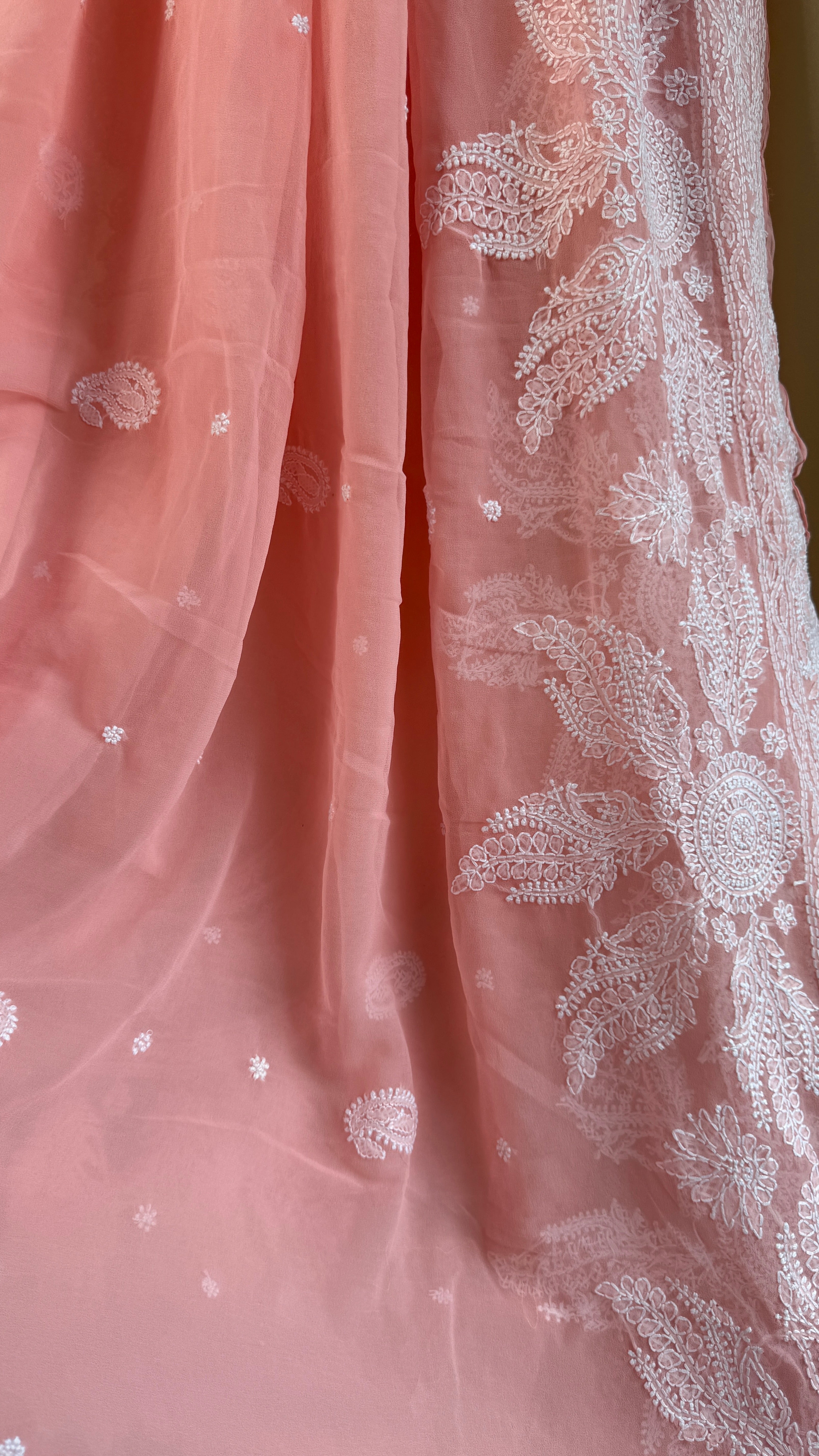 Georgette Chikankari saree in Carrot Peach