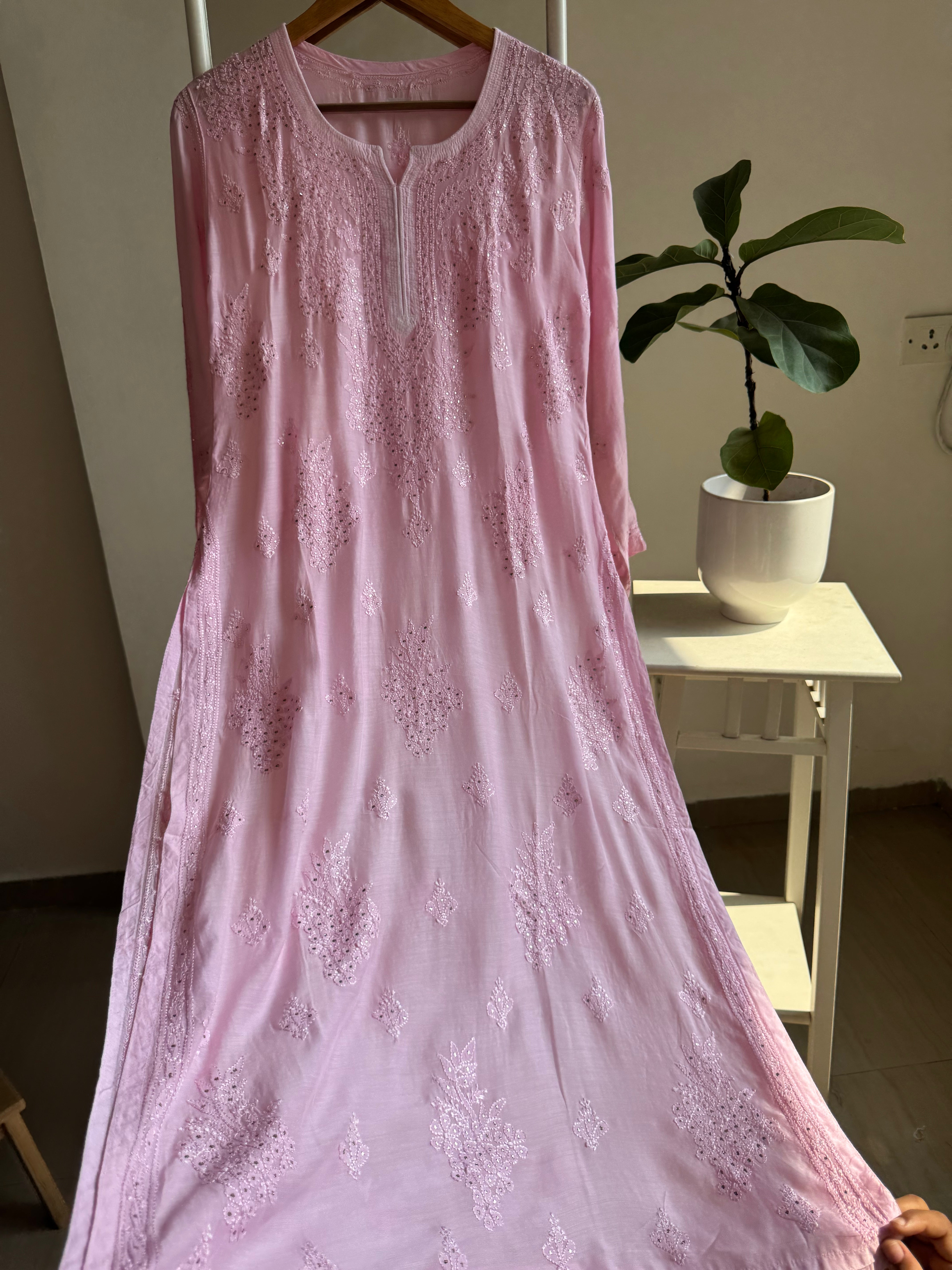 Muslin Chikankari Kurti with Mukaish work - Pink ARIAA CHIKANKARI