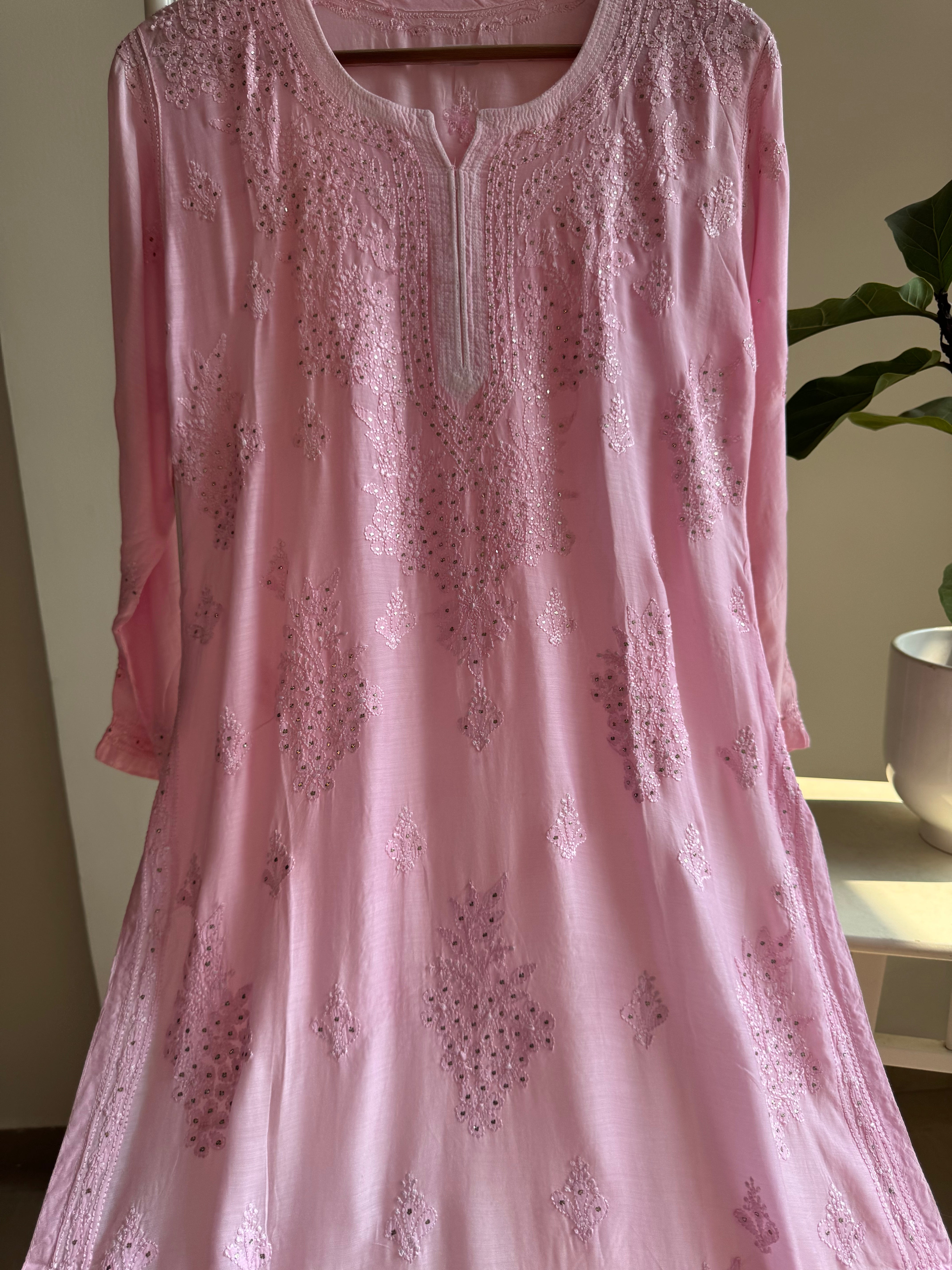 Muslin Chikankari Kurti with Mukaish work - Pink