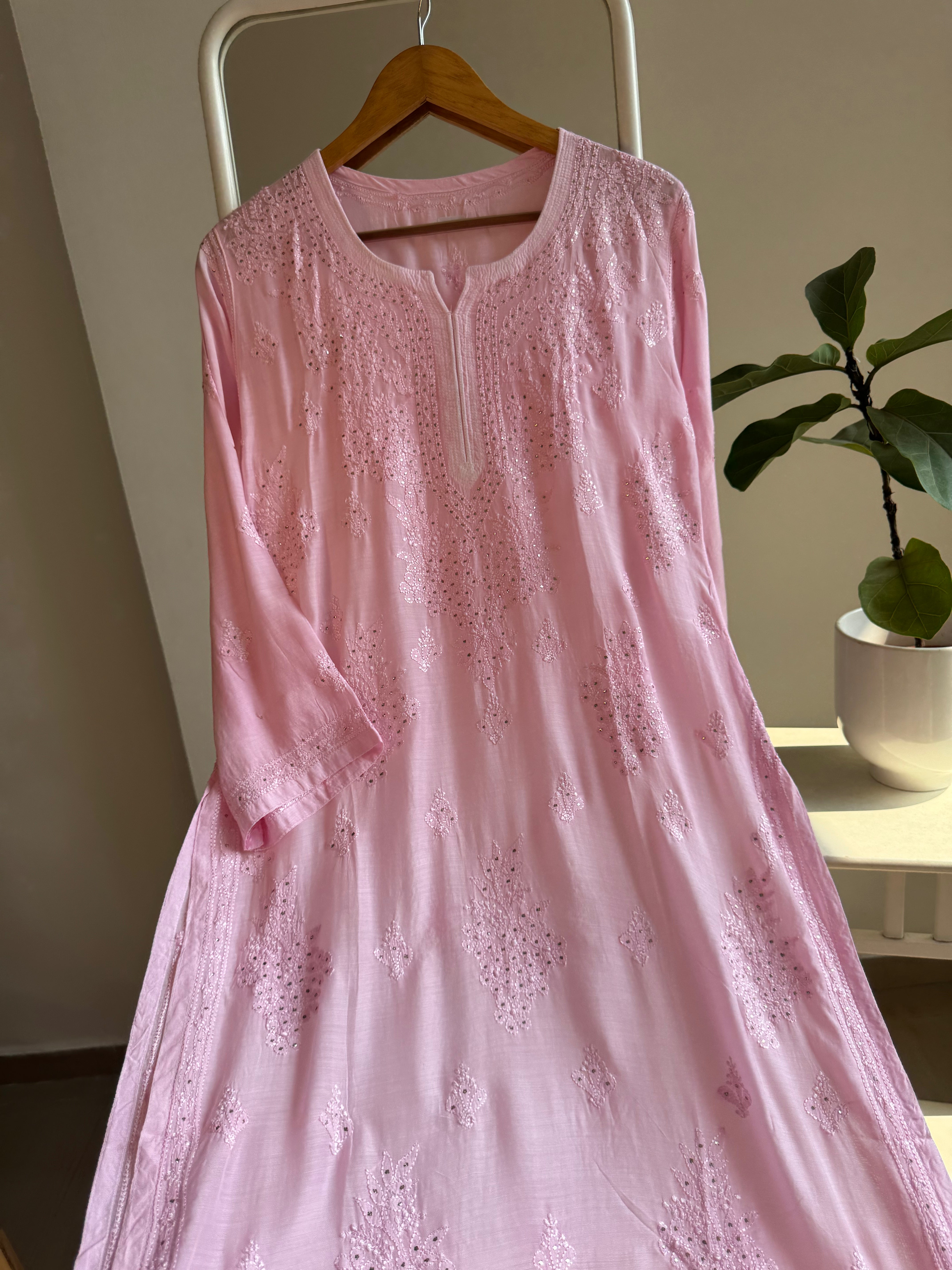 Muslin Chikankari Kurti with Mukaish work - Pink ARIAA CHIKANKARI