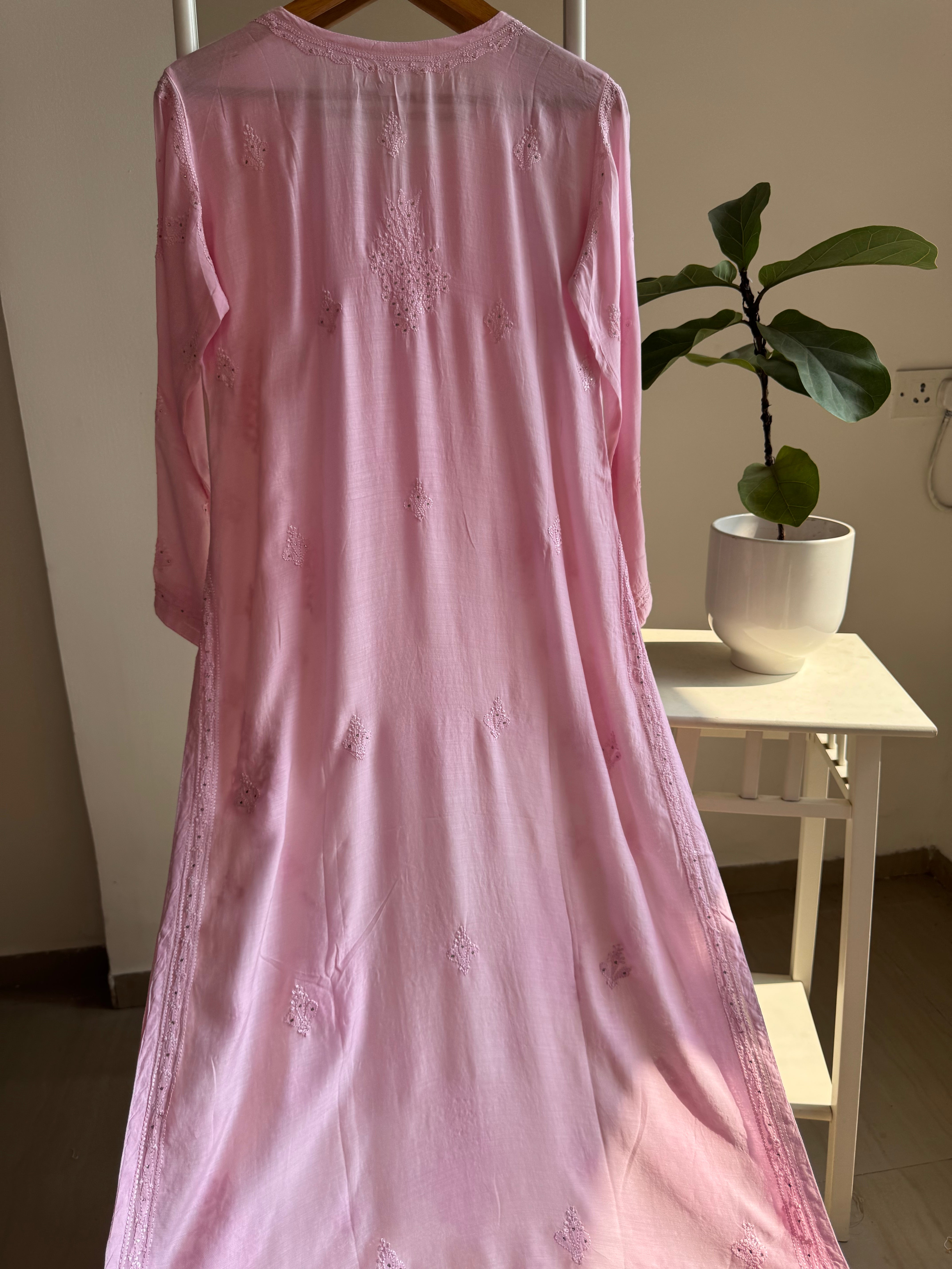 Muslin Chikankari Kurti with Mukaish work - Pink