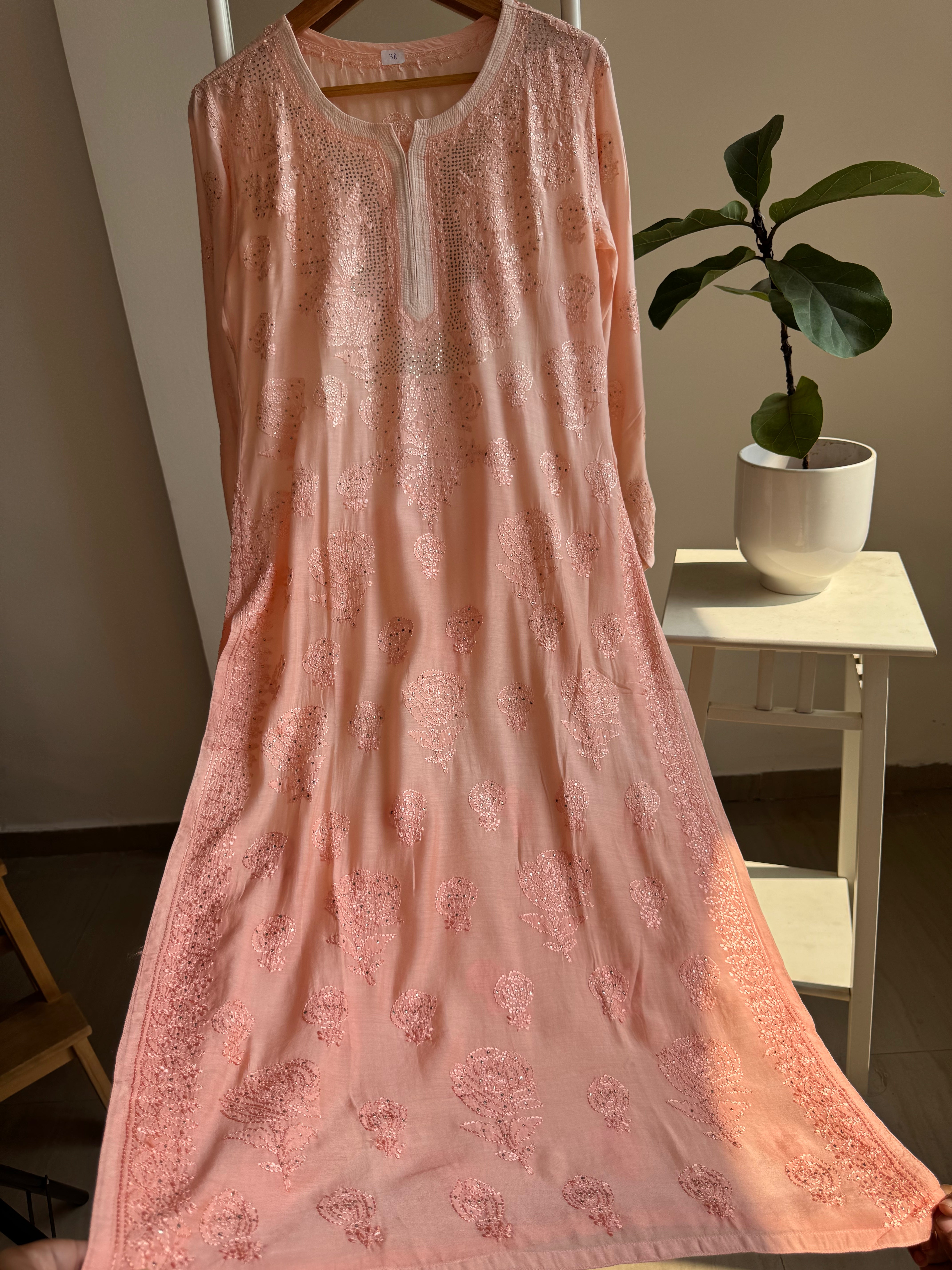 Muslin Chikankari Kurti with Mukaish work - Peach ARIAA CHIKANKARI