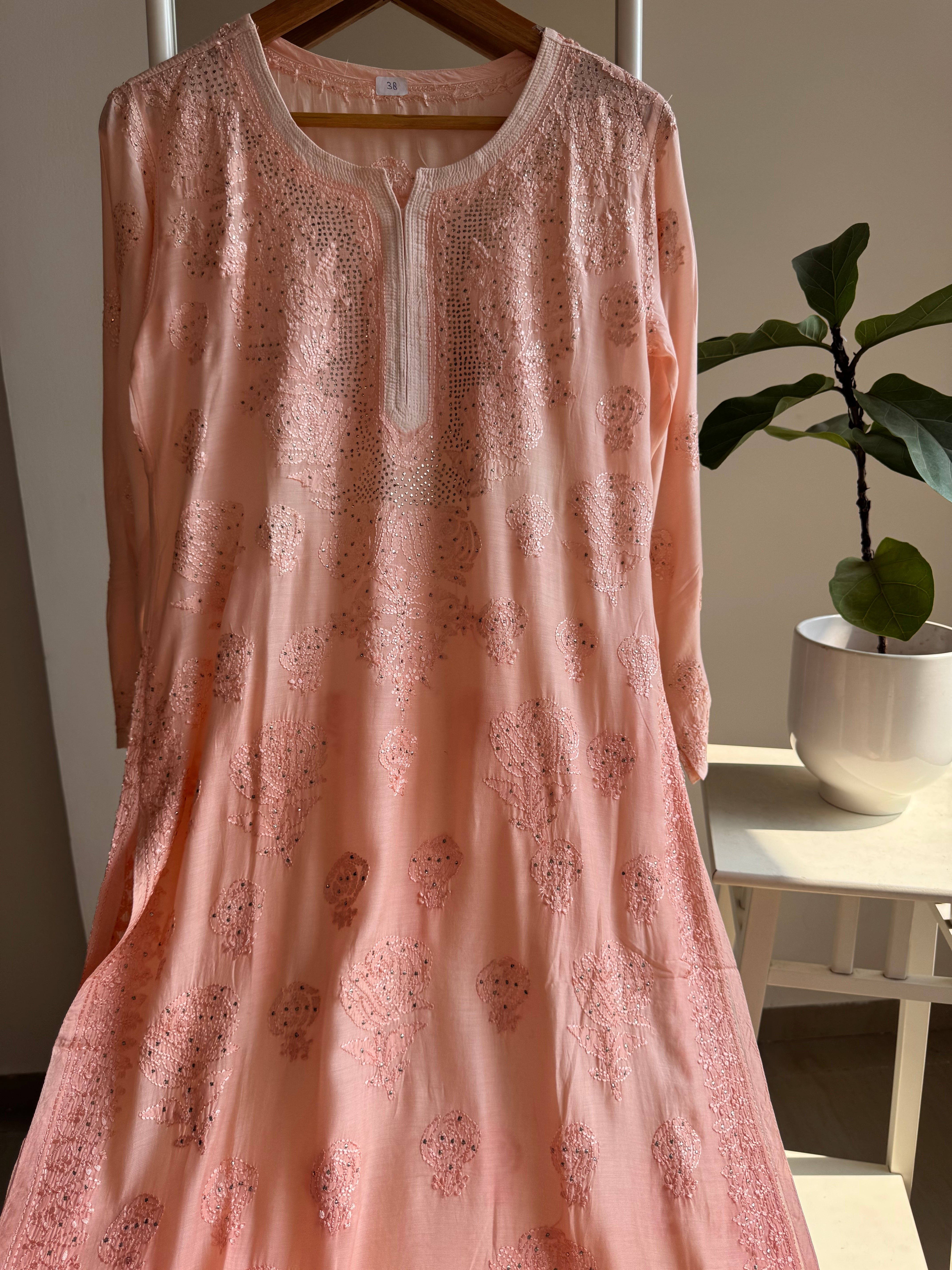 Muslin Chikankari Kurti with Mukaish work - Peach ARIAA CHIKANKARI