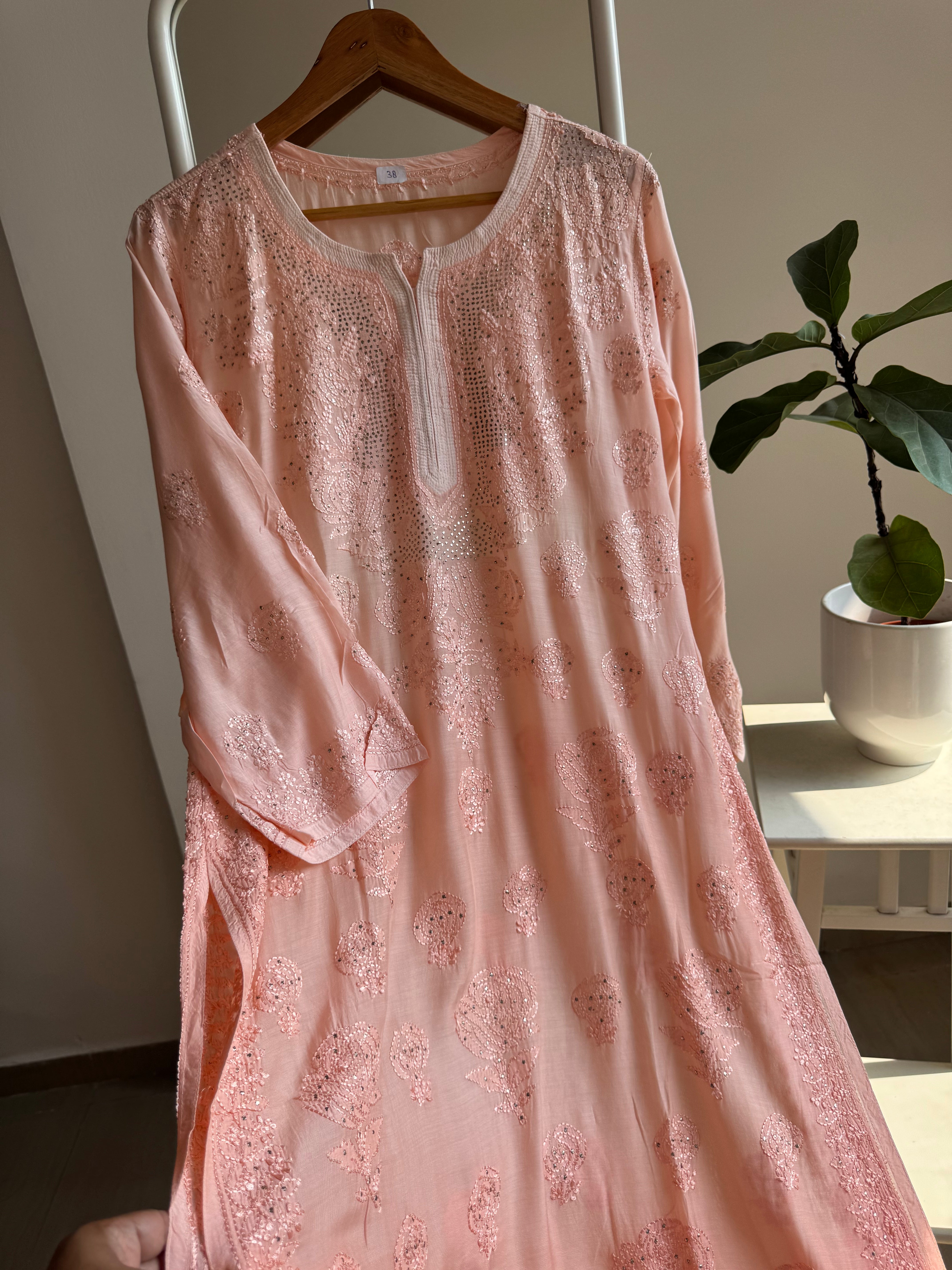 Muslin Chikankari Kurti with Mukaish work - Peach ARIAA CHIKANKARI