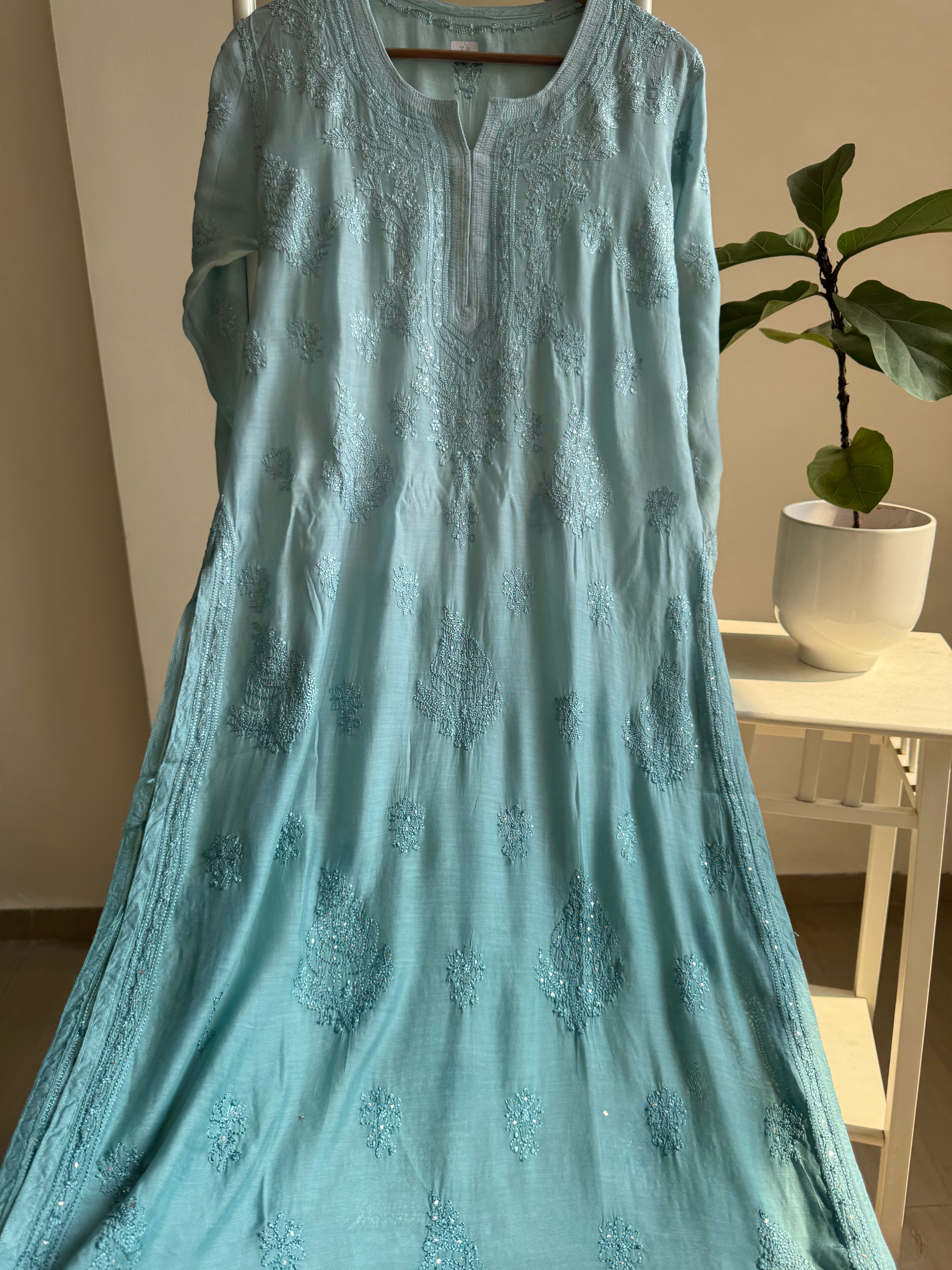 Muslin Chikankari Kurti with Mukaish work - Green Ombre ARIAA CHIKANKARI