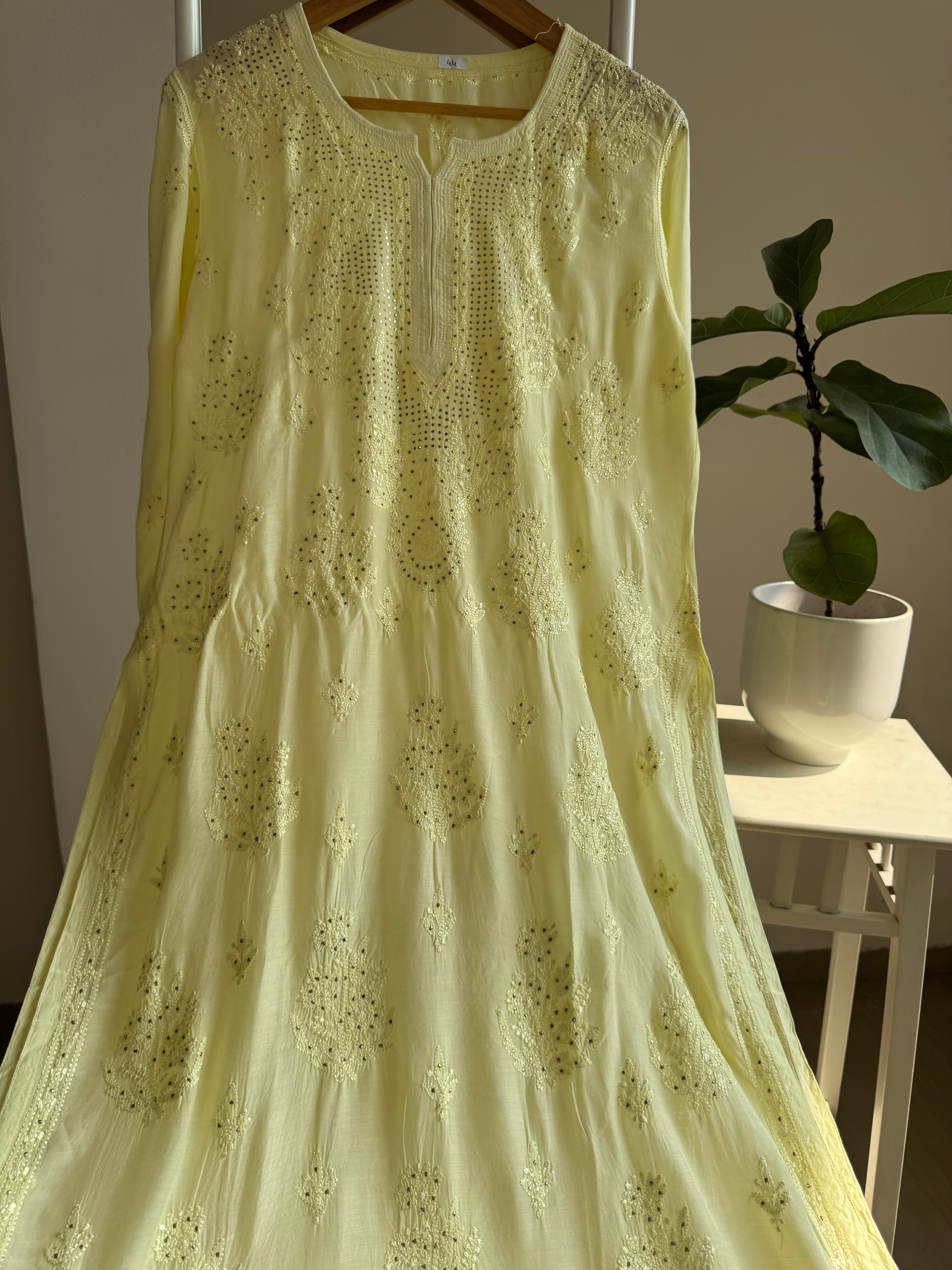 Muslin Chikankari Kurti with Mukaish work - Lemon Yellow ARIAA CHIKANKARI