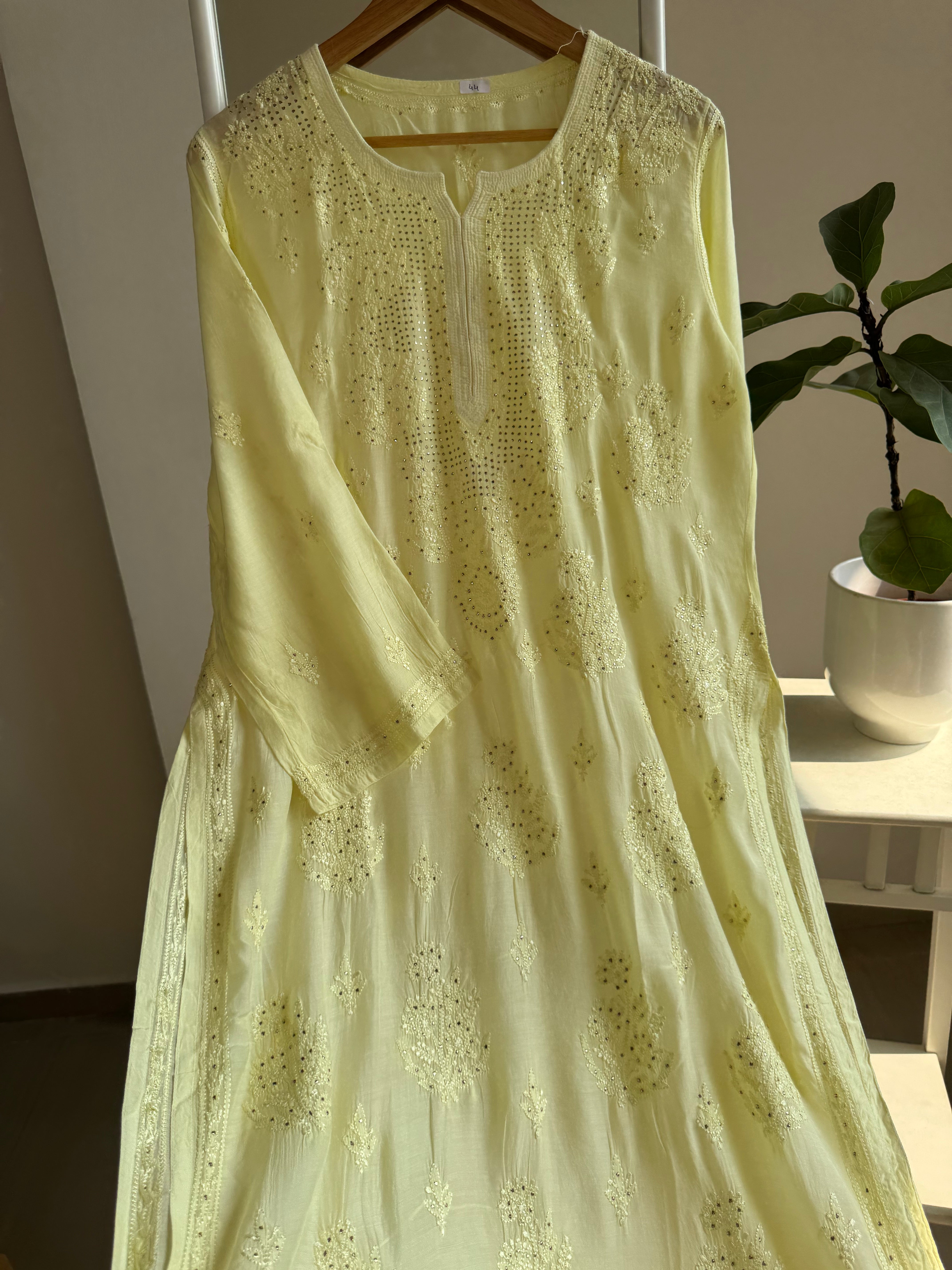 Muslin Chikankari Kurti with Mukaish work - Lemon Yellow ARIAA CHIKANKARI