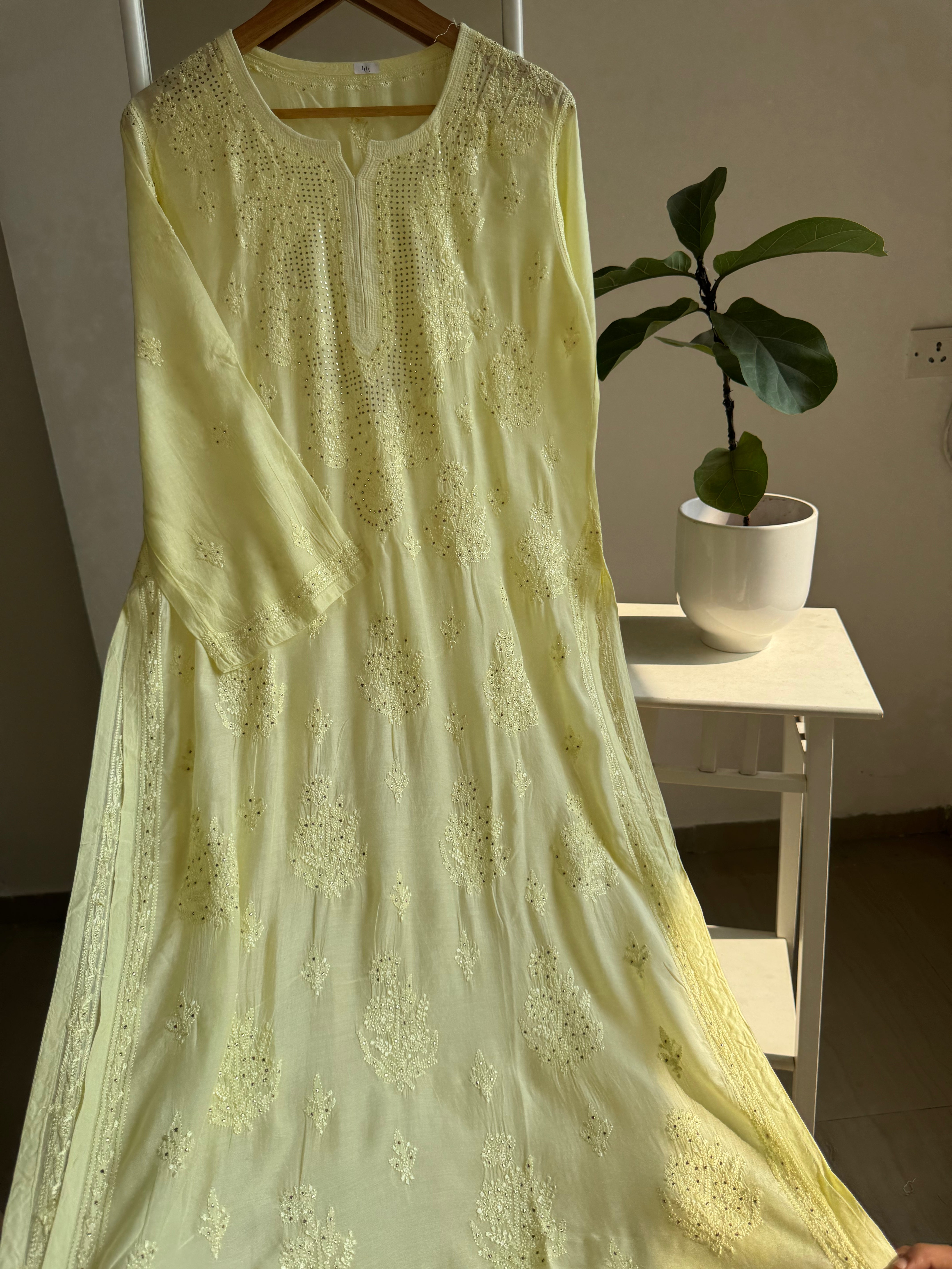 Muslin Chikankari Kurti with Mukaish work - Lemon Yellow ARIAA CHIKANKARI