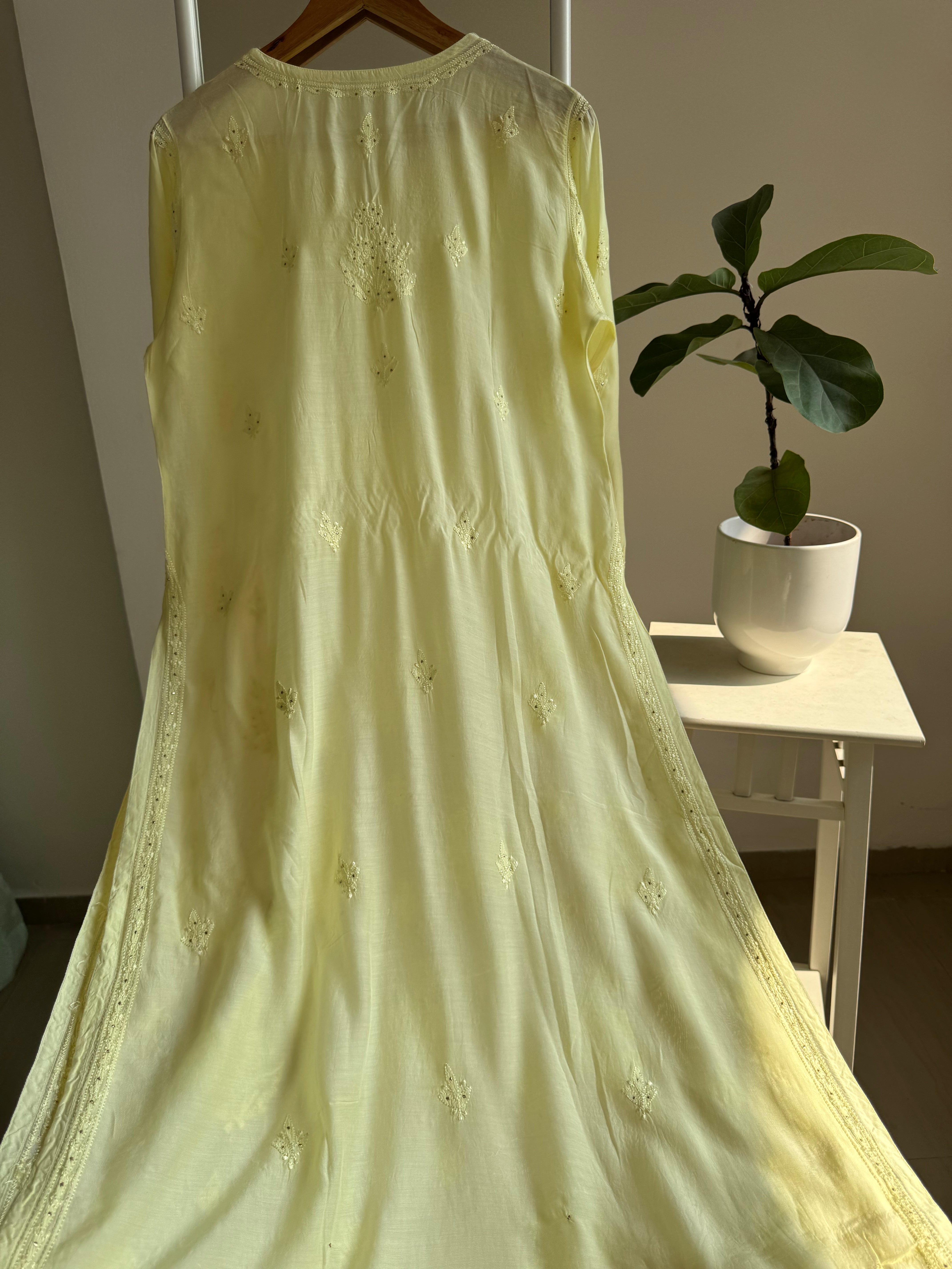 Muslin Chikankari Kurti with Mukaish work - Lemon Yellow ARIAA CHIKANKARI