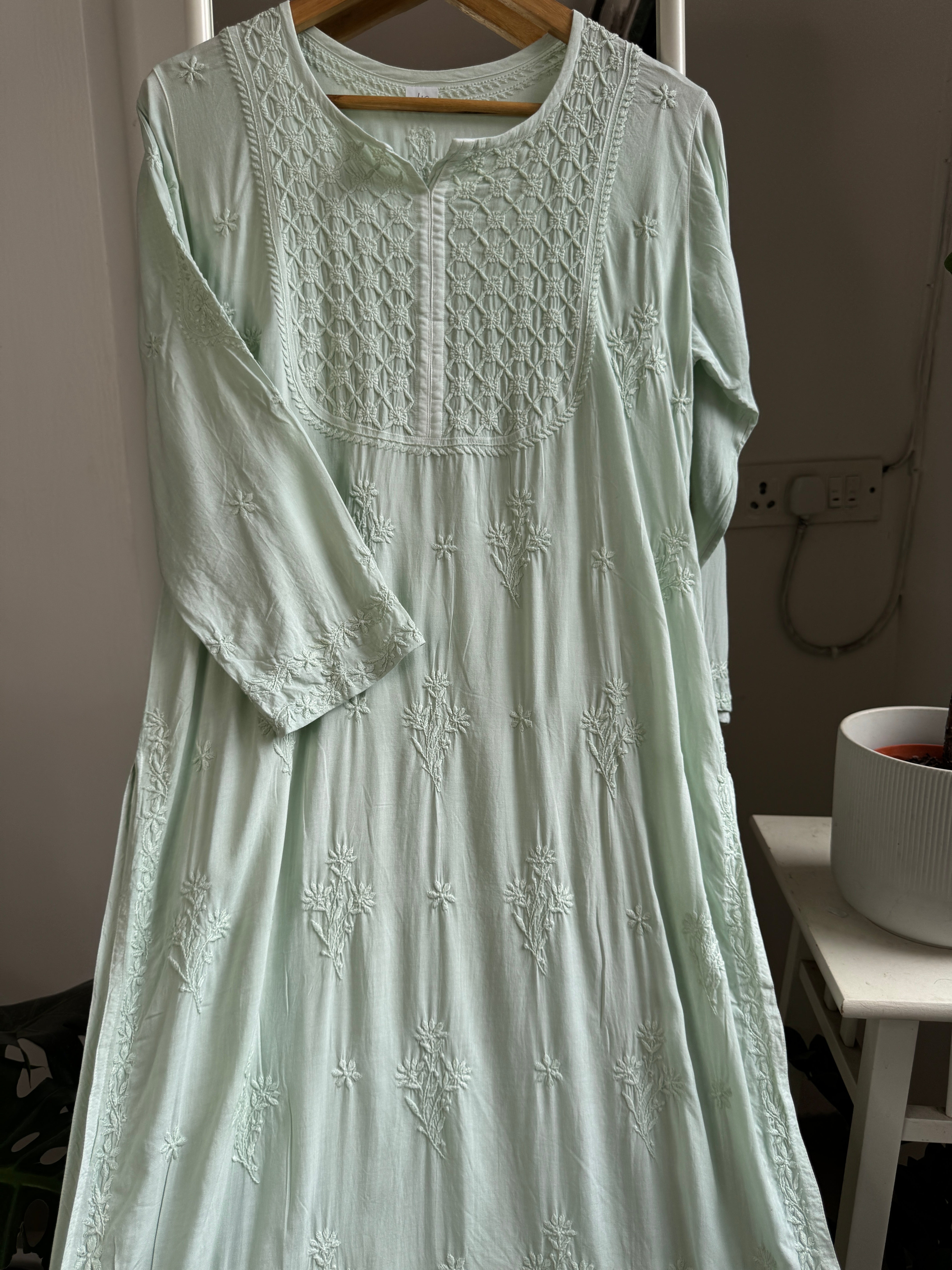 Premium Modal Chikankari Cotton Kurti - Pista Green - Noor Collection ARIAA CHIKANKARI