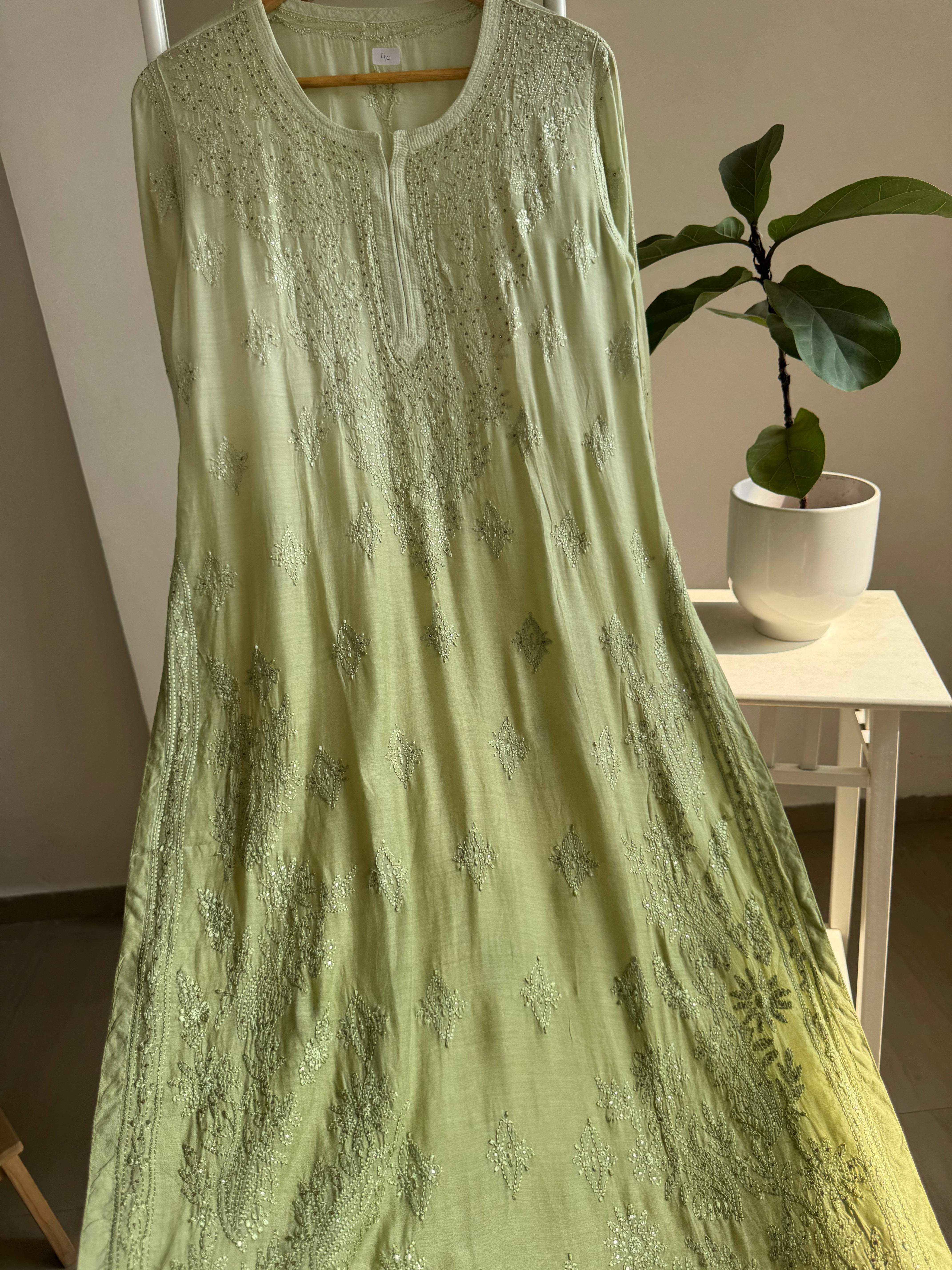 Muslin Chikankari Kurti with Mukaish work - Sheen Green ARIAA CHIKANKARI