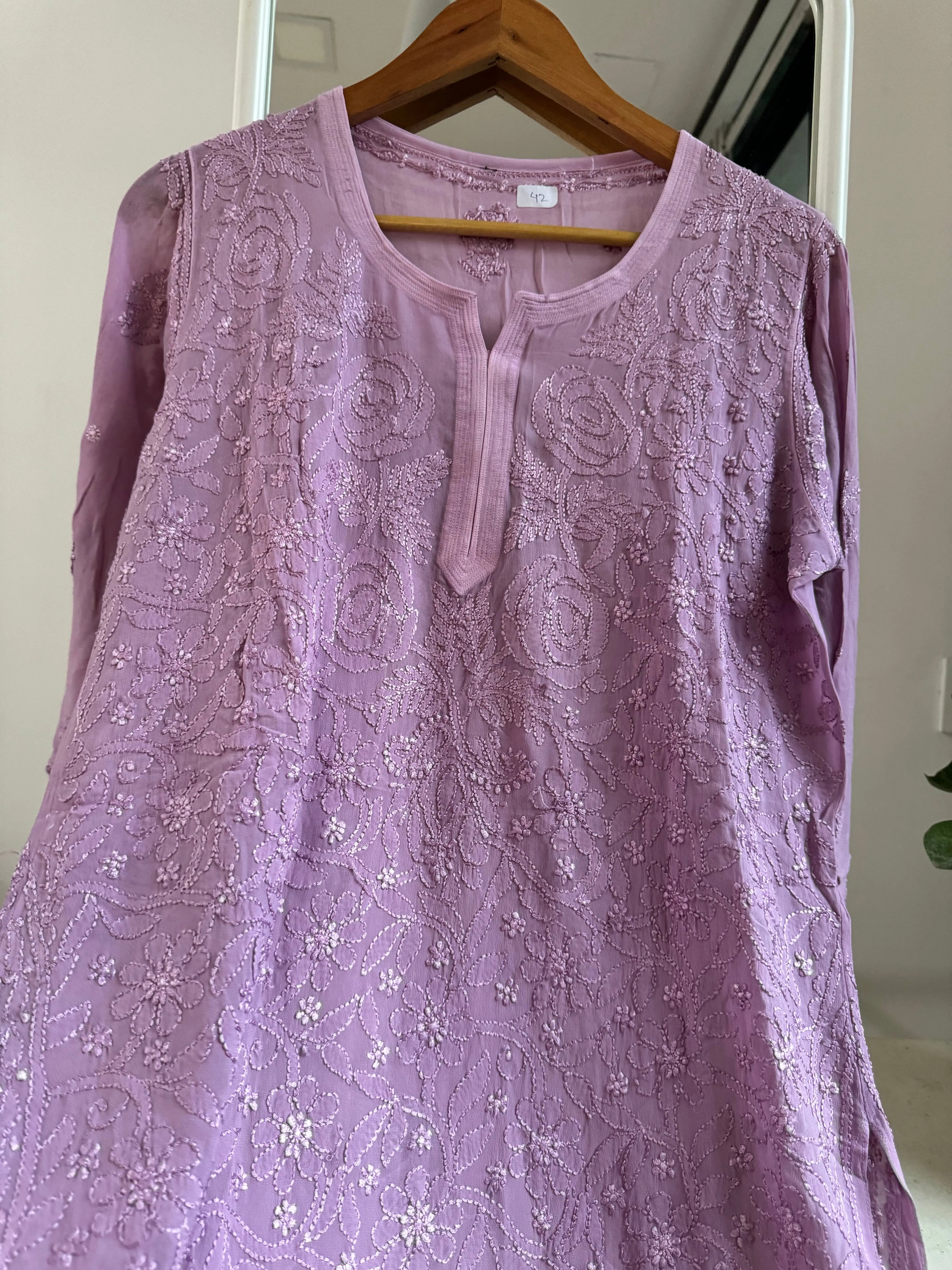Chikankari Viscose Georgette short Top in Mauve ARIAA CHIKANKARI