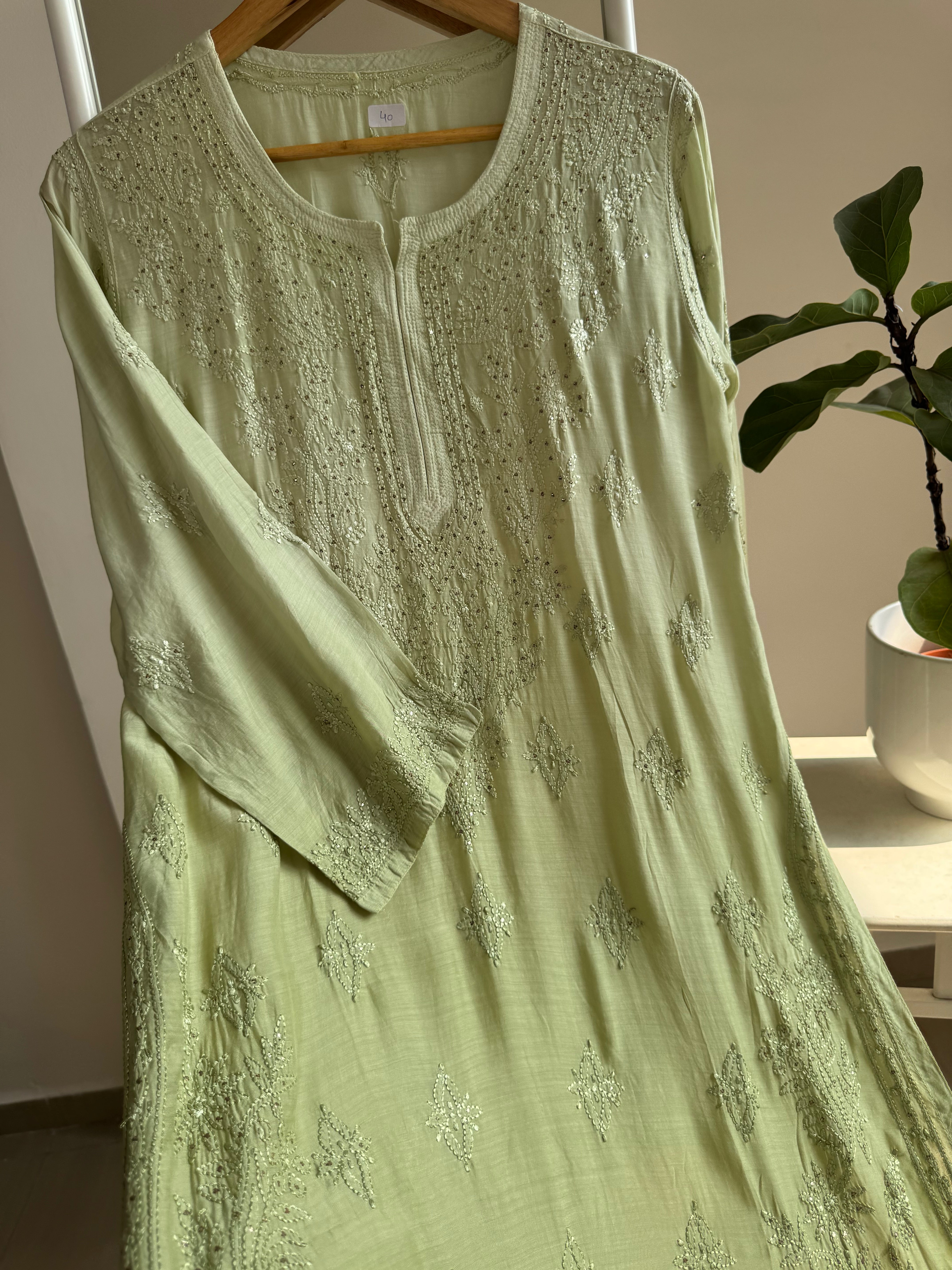 Muslin Chikankari Kurti with Mukaish work - Sheen Green