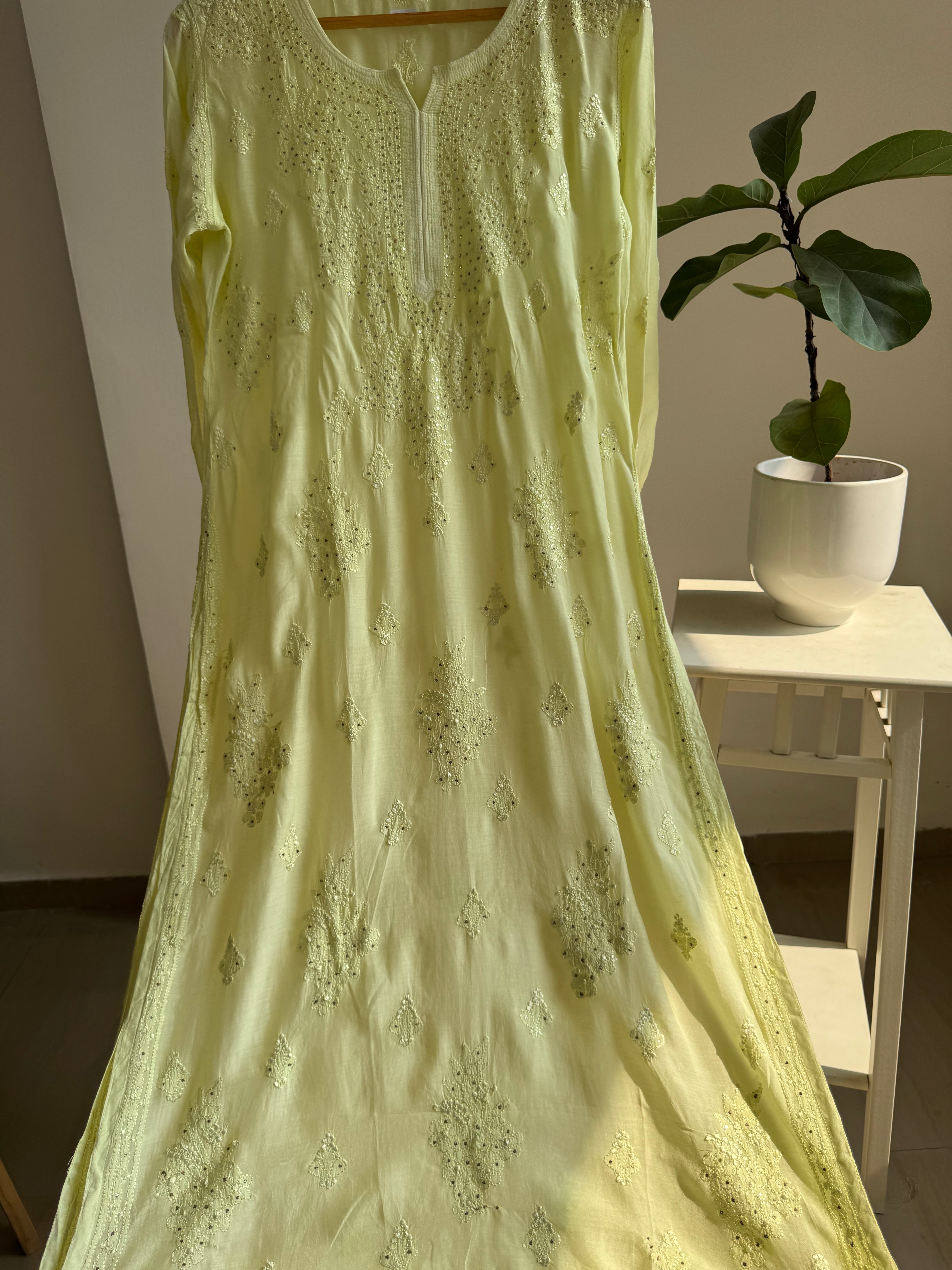 Muslin Chikankari Kurti with Mukaish work - Lemon Green ARIAA CHIKANKARI