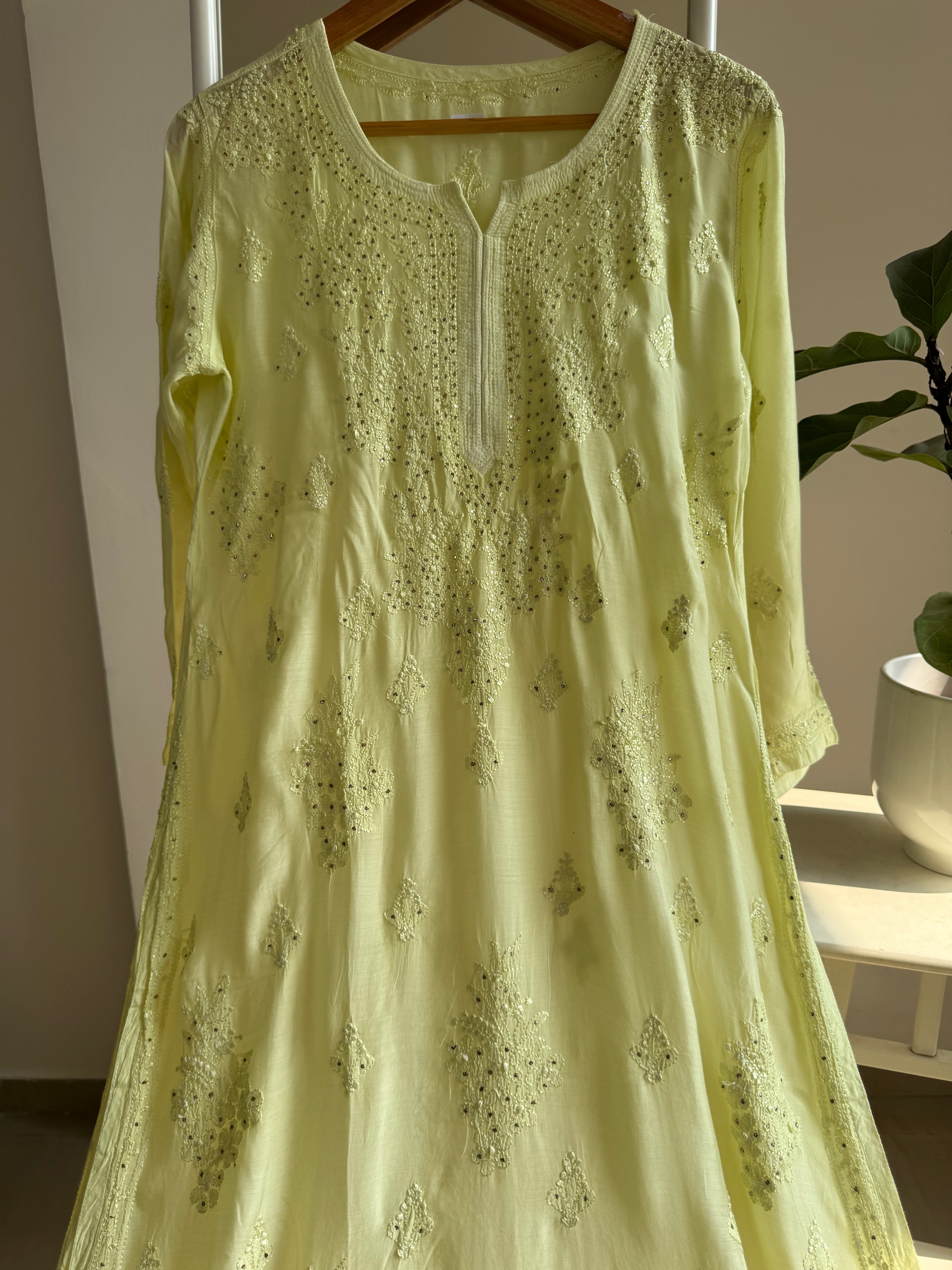 Muslin Chikankari Kurti with Mukaish work - Lemon Green ARIAA CHIKANKARI