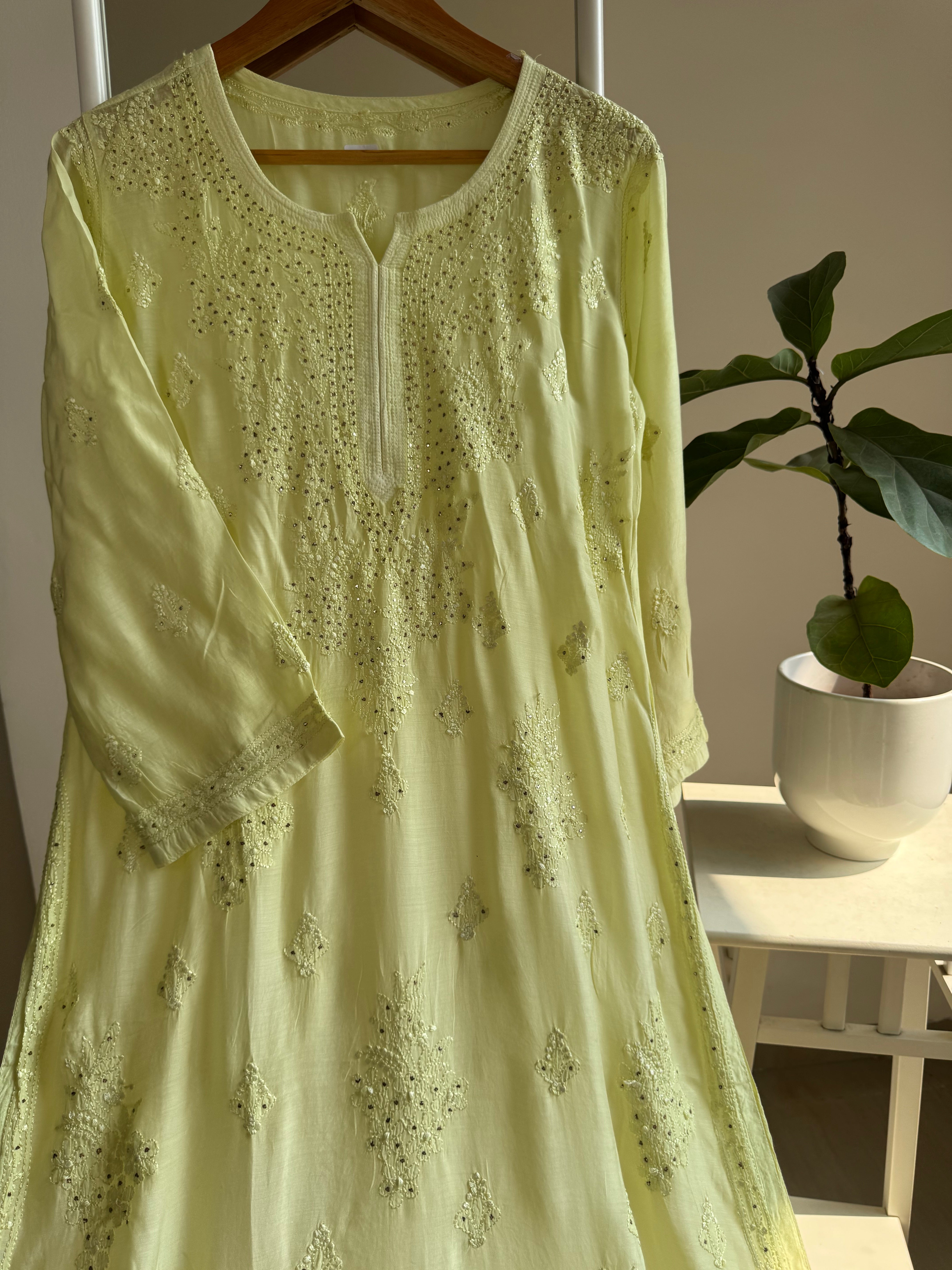 Muslin Chikankari Kurti with Mukaish work - Lemon Green ARIAA CHIKANKARI